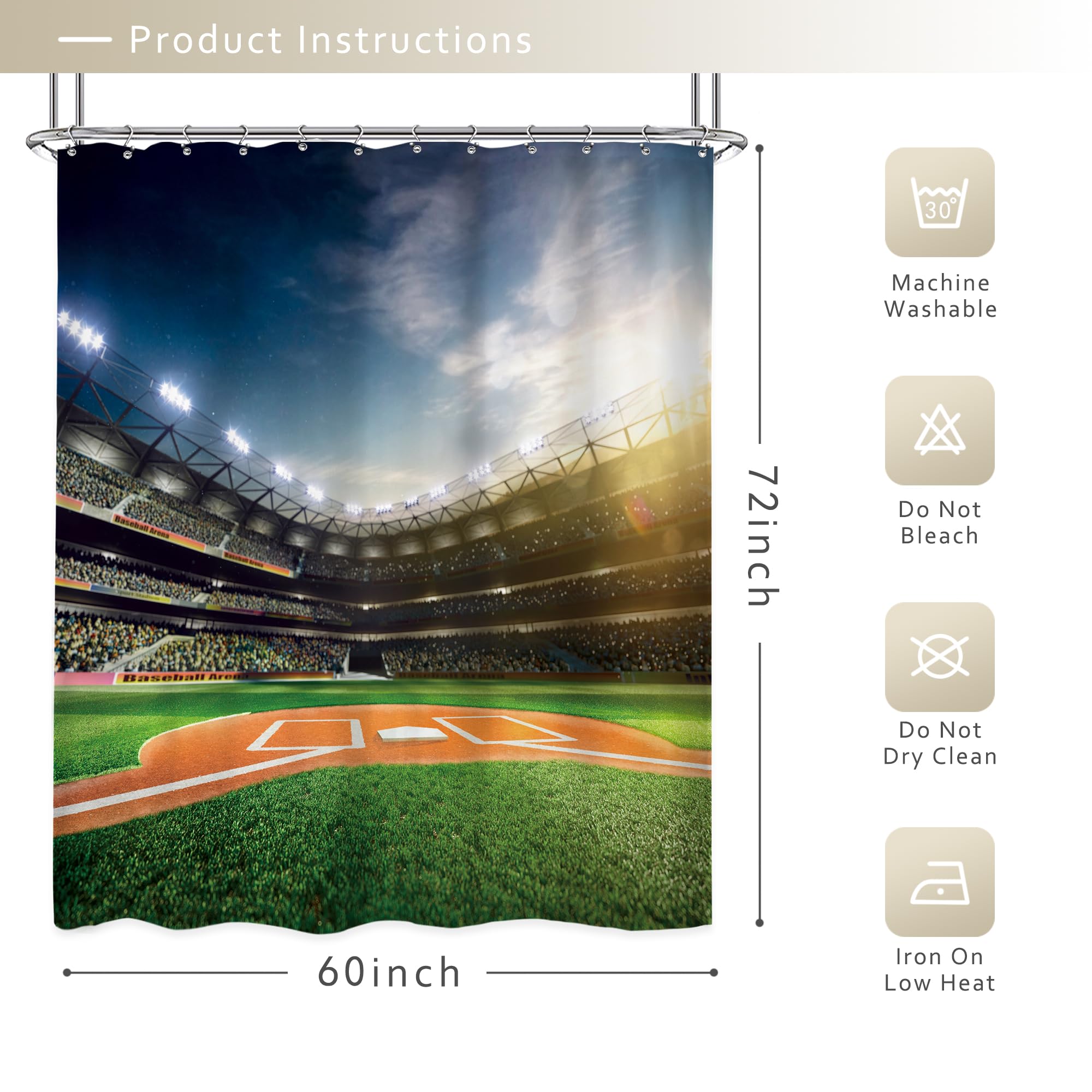 Riyidecor Baseball Field Shower Curtain 60Wx72H Inch Professional Sports Grand Green Arena Playground For Teen Boys Man Fans Bat