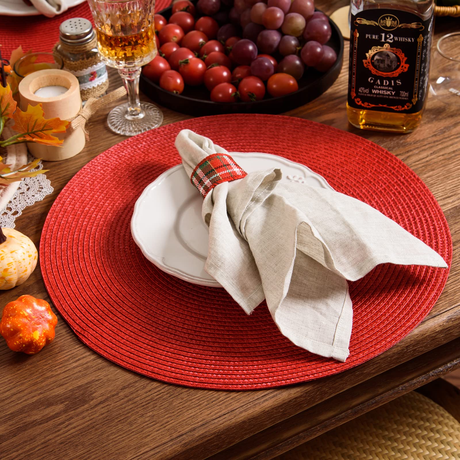 Ahhfsmei Round Braided Placemats 15 Inch Round Table Mats For Dining Tables Natural Woven Heat Resistant Place Mats Set Of 6(Red