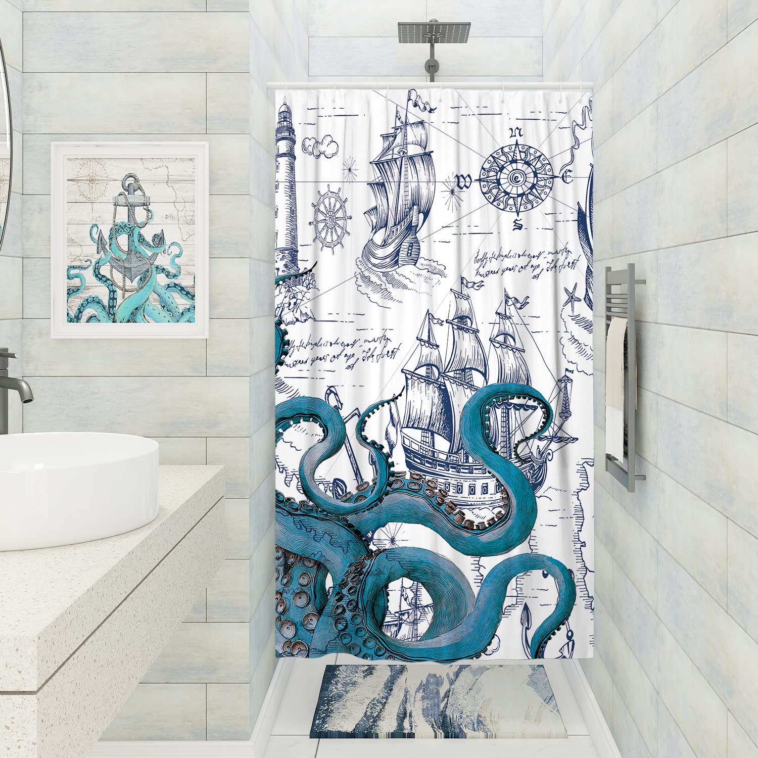 Desihom Blue Nautical Octopus Small Shower Stall Curtain Set, Funny Ocean Kraken Shower Curtains For Bathroom, Beach Coastal Pir