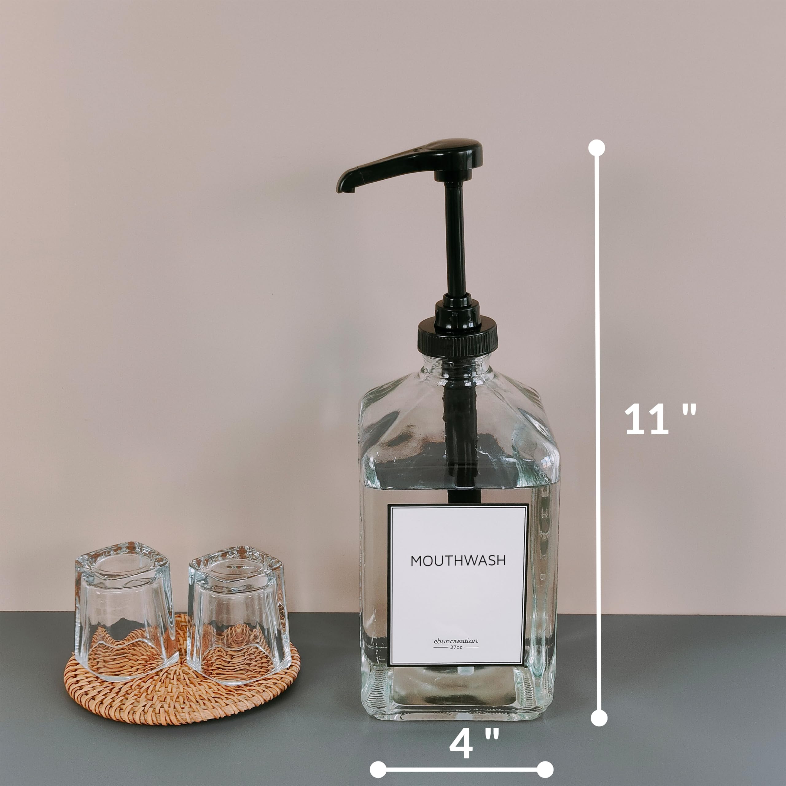 Ebun 37Oz Glass Mouthwash Dispenser For Bathroom, Mouthwash Dispenser Pump, Mouth Wash Container With Reusable Cup, Mouth Wash B