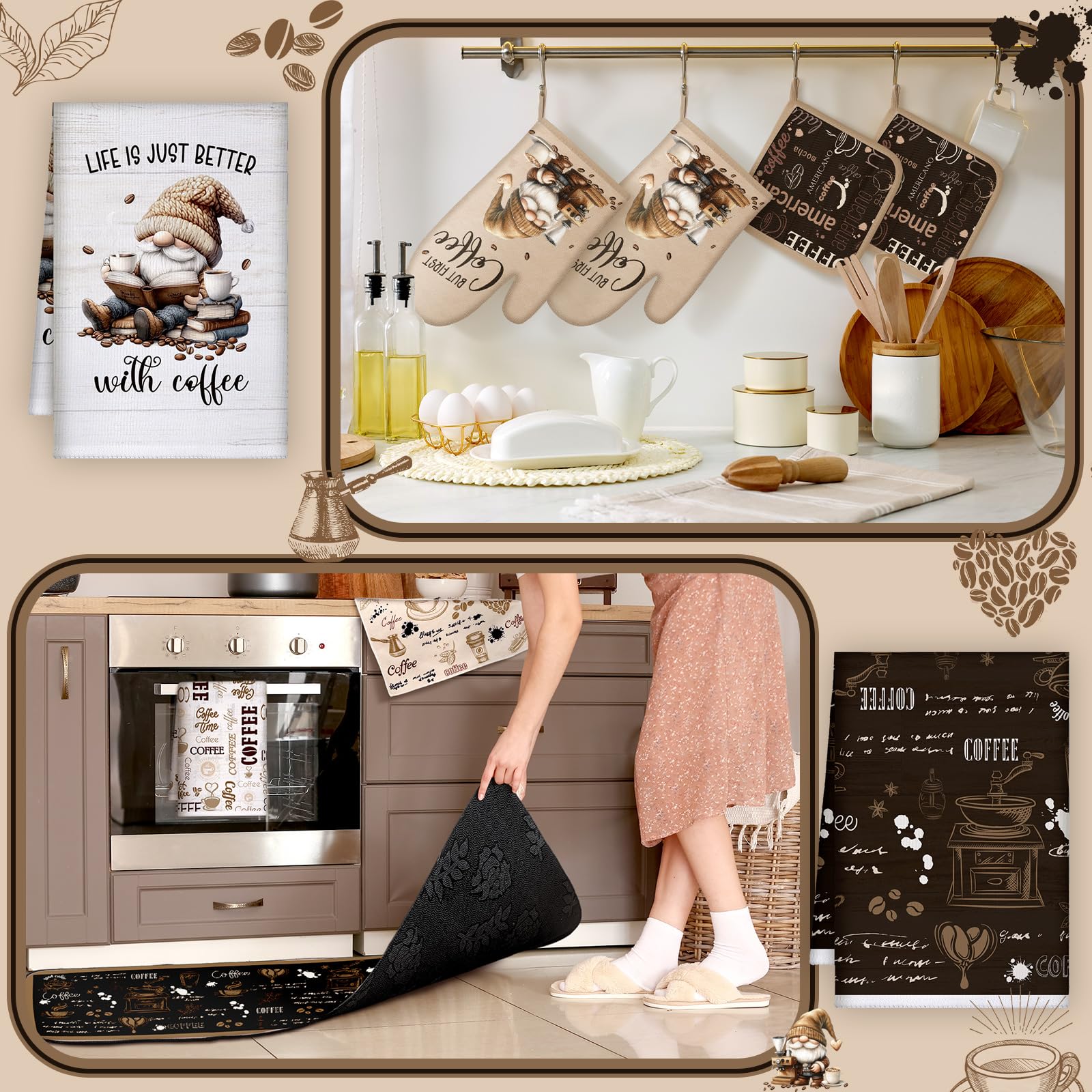 Fourluoo 10 Pcs Coffee Kitchen Decor and Accessories Oven Mitts and Pot Holders Set Coffee Dish Towels Rugs Farmhouse Kitchen De