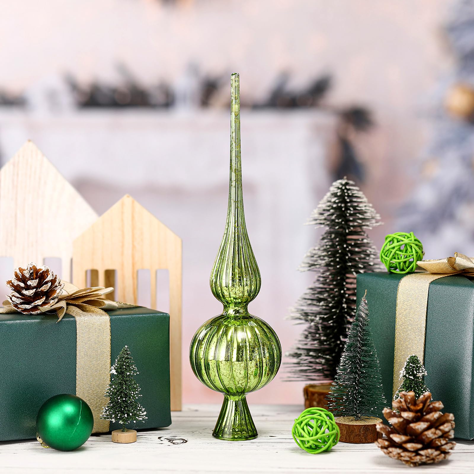 Gejoy 9.8" Mercury Glass Christmas Tree Topper - Vintage Lime Green Blown Glass Ornament, Mid Century Holiday Decor