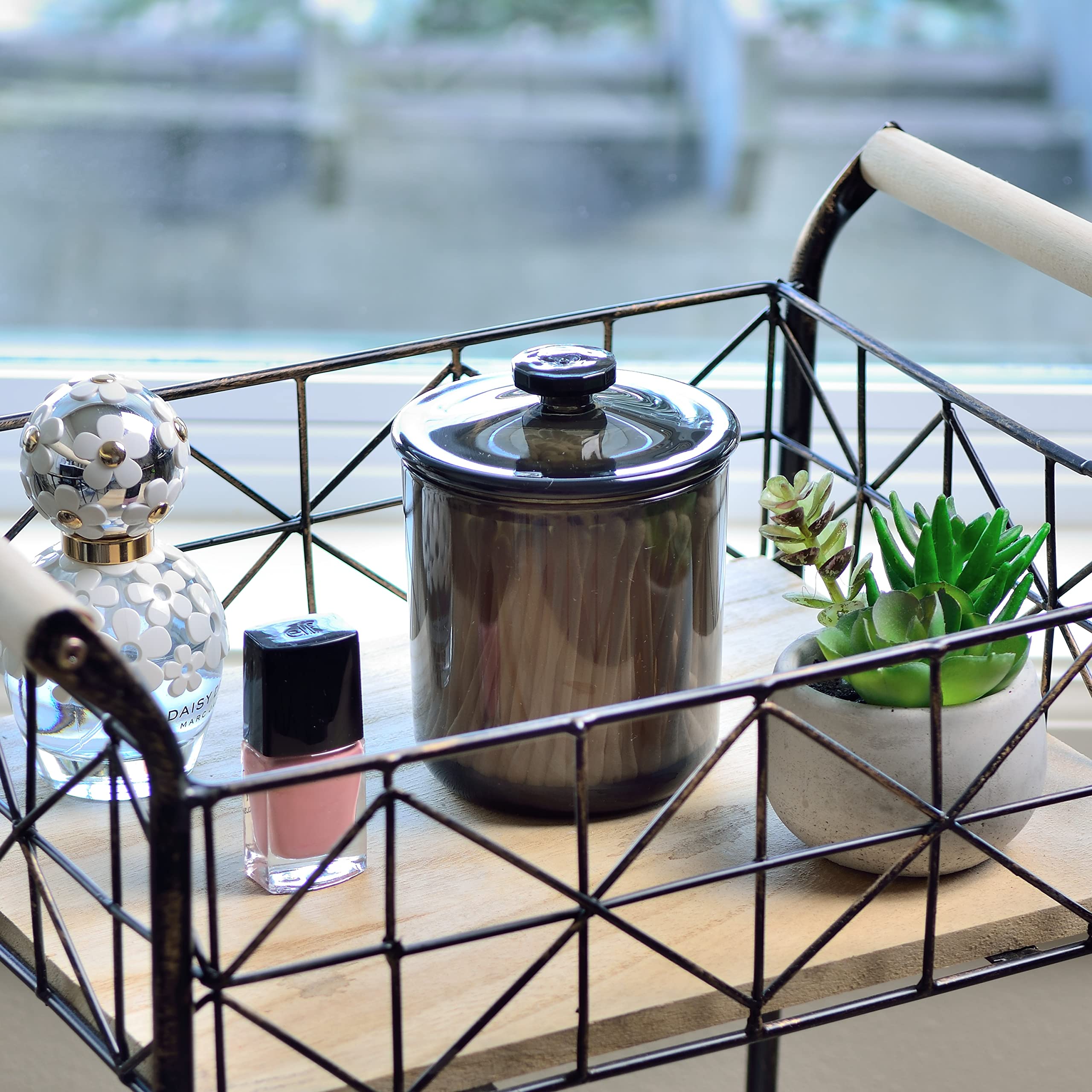 Youngever Black Plastic Apothecary Jars, Qtip Holder, Cotton Swab Holder, Bathroom Vanity Organizer For Cotton Balls, Cotton Pad
