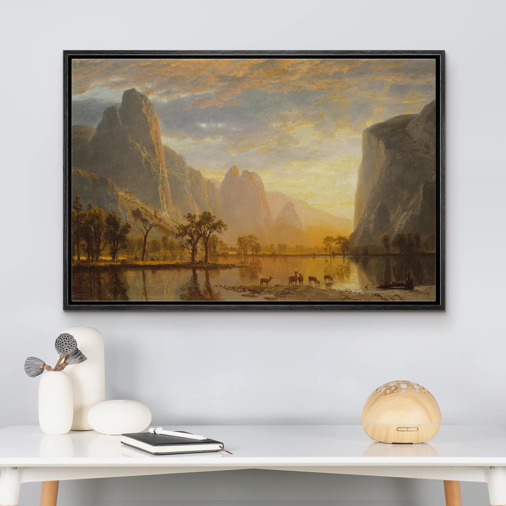wall26 Framed Canvas Print Wall Art Golden Hour Over Mountain Landscape & Deer Nature Wilderness Illustrations Modern Art Rustic Scenic Multicolor for Living Room  Bedroom  Office - 16''x24'' Black