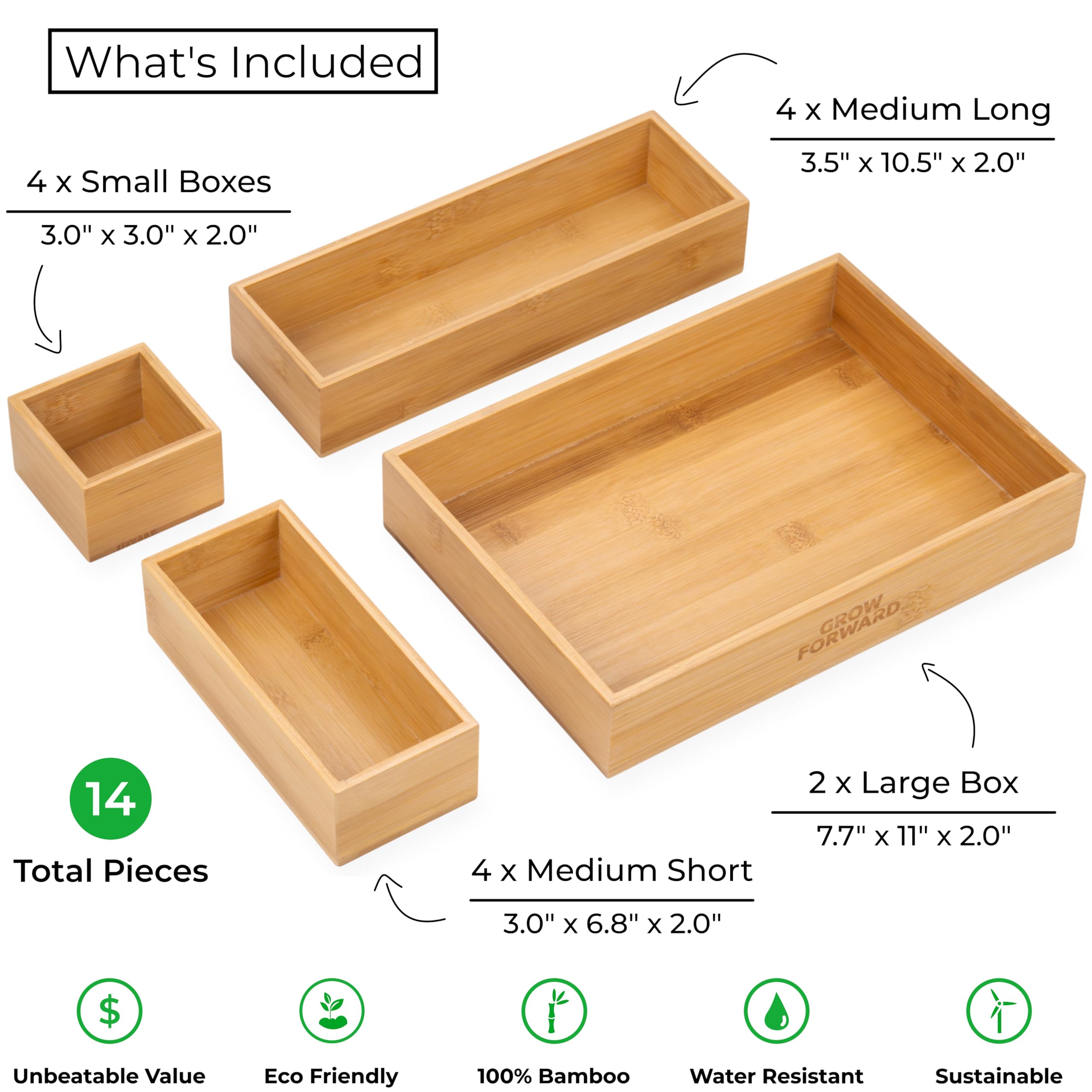 Grow Forward 14-Piece Bamboo Bathroom Drawer Organizer Trays - Wood Junk Drawer Organizers for Kitchen, Office, Vanity, Desk, Ni