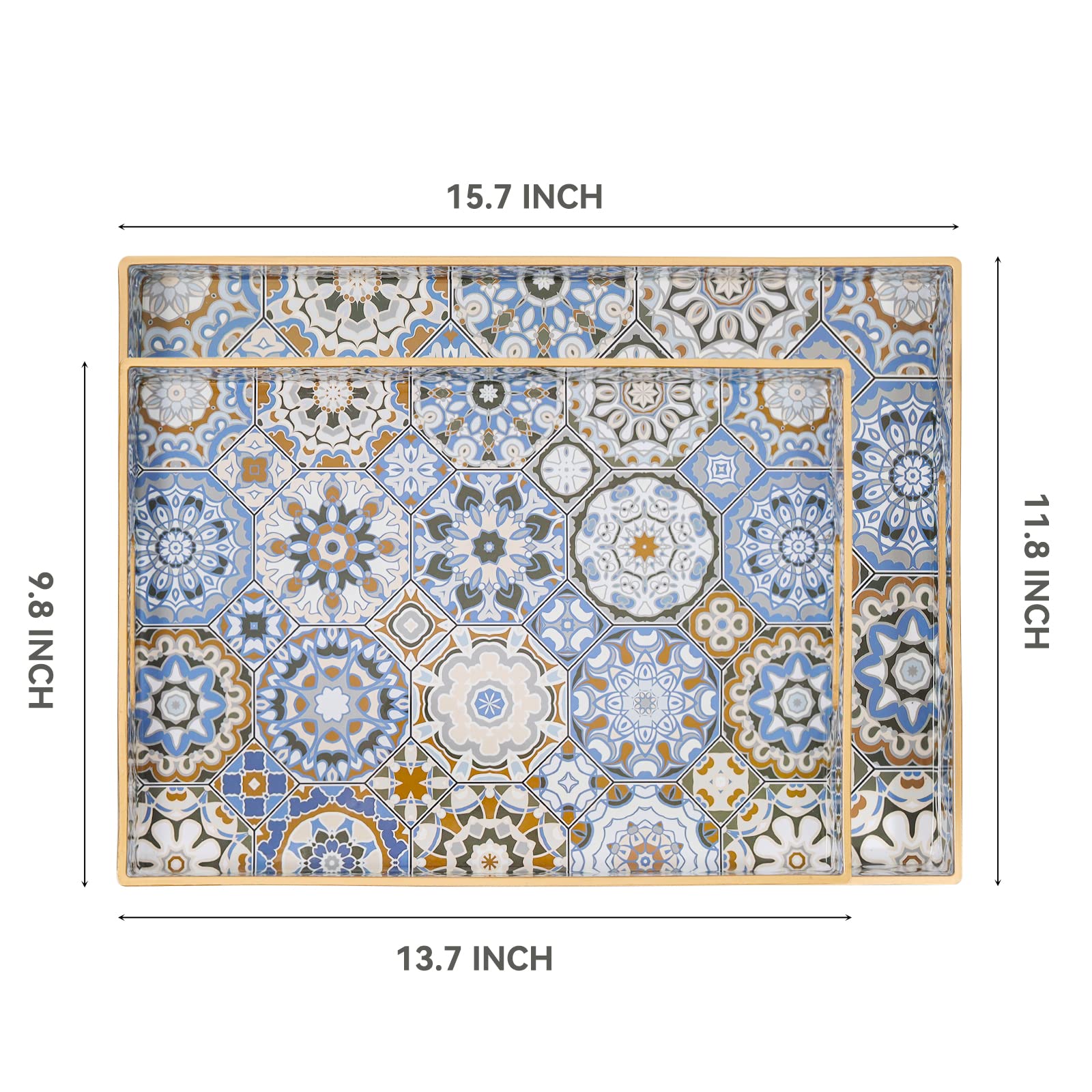 Agiota 2 Pcs Serving Tray With Handles Bohemian Decorative Tray Large Ottoman Tray For Living Room Blue Coffee Table Tray