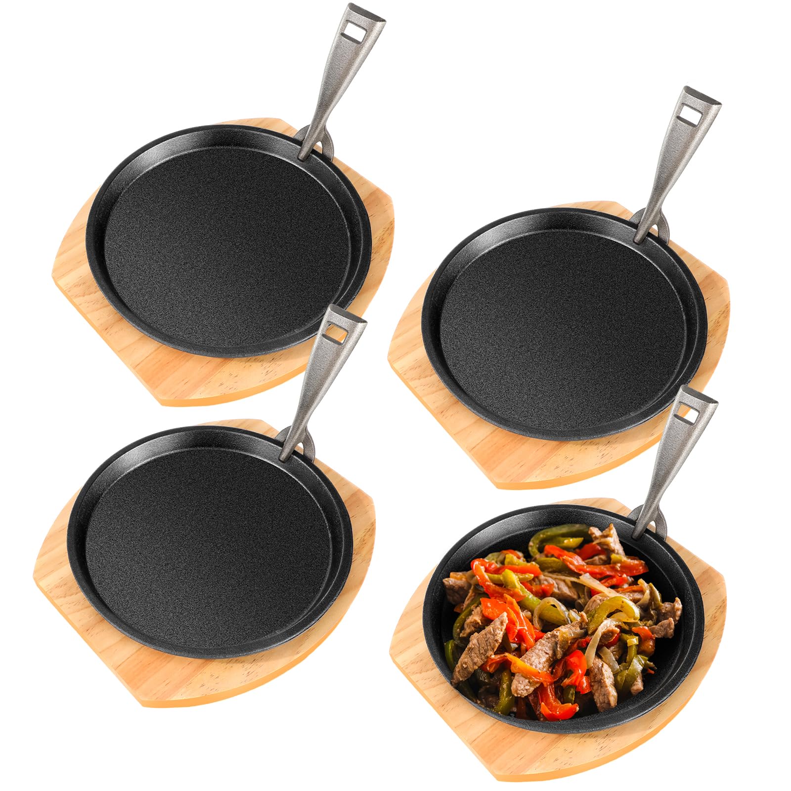 Mimorou 4 Set 10.3 Inch Cast Iron Fajita Plate Set with Wooden Base Anti Scald Protection Removable Handle Fajita Plate Sizzling