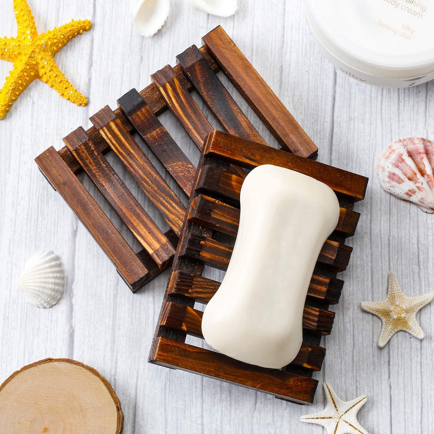 Honoson 5 Pieces Wooden Soap Dish Holder Tray, Wood Soap Holder, Bar Soap Holder For Shower, Soap Tray Self Draining, Soap Saver