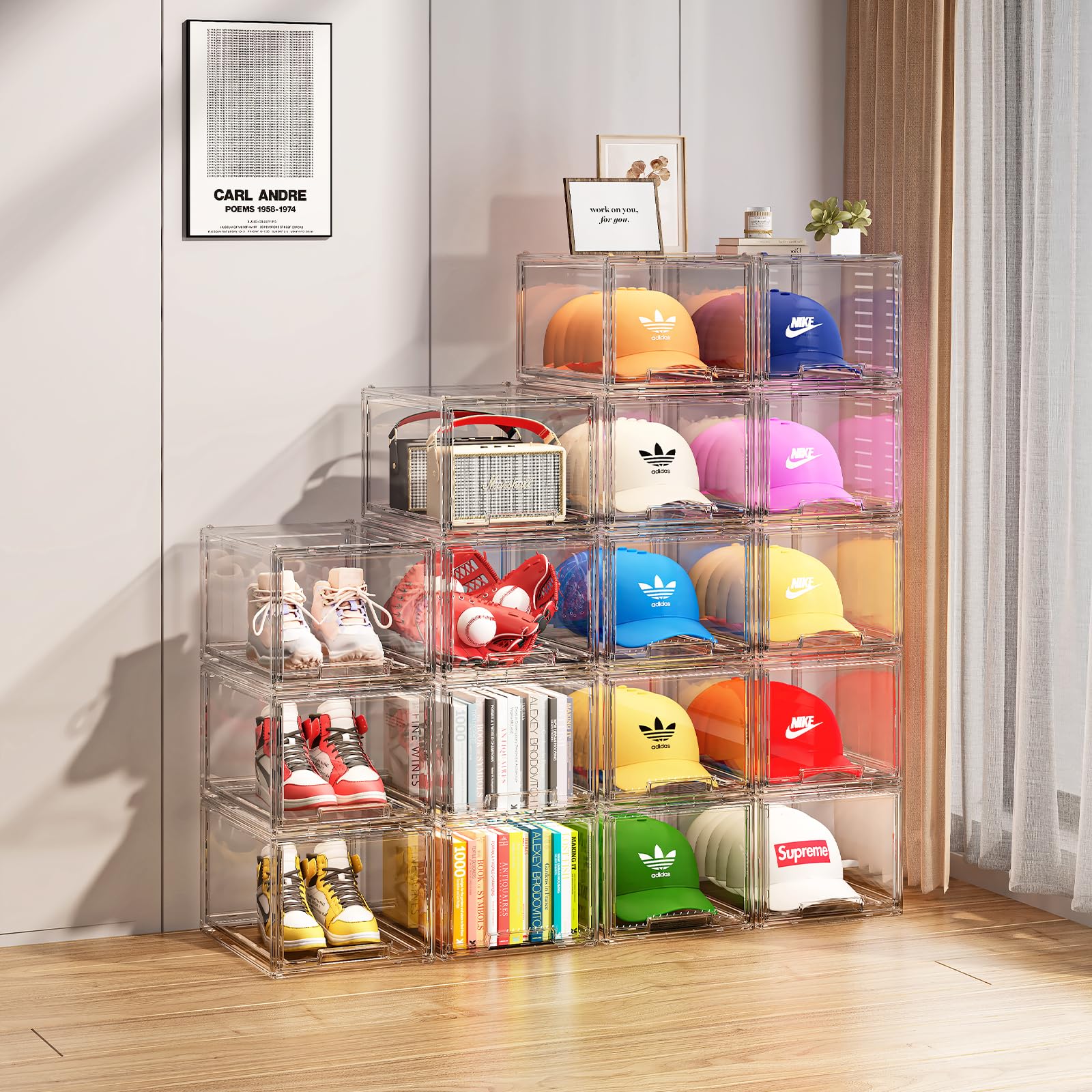 3 Pack Hat Organizer Box For Baseball Caps, Stackable Storage Drawers For Baseball Hat Storage Organizer, Clear Storage Drawer F