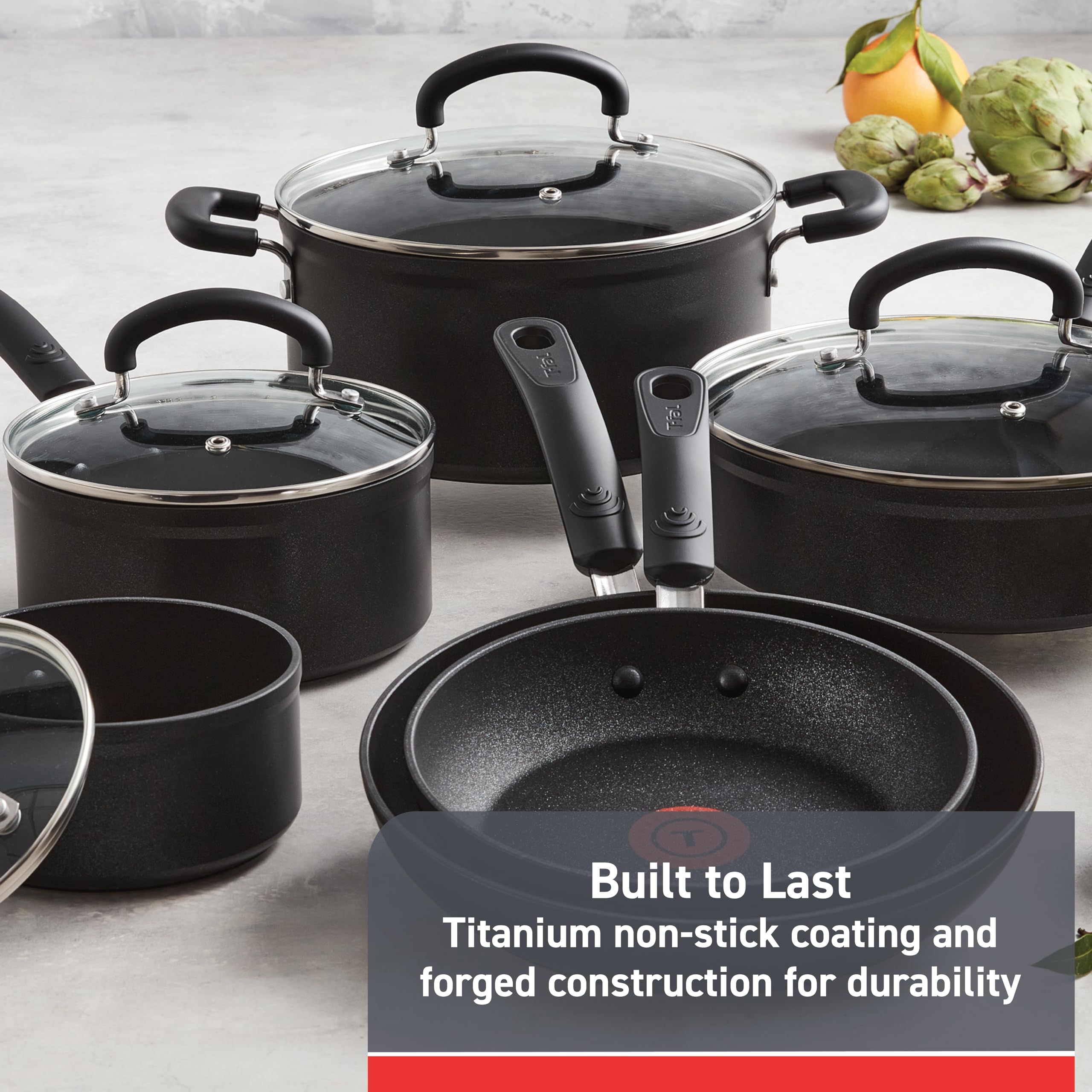T-fal Advanced Nonstick Cookware Set 12 Piece, Oven Broiler Safe 350F, Kitchen Cooking Set W/ Fry Pans, Saucepans, Deep Saute, D