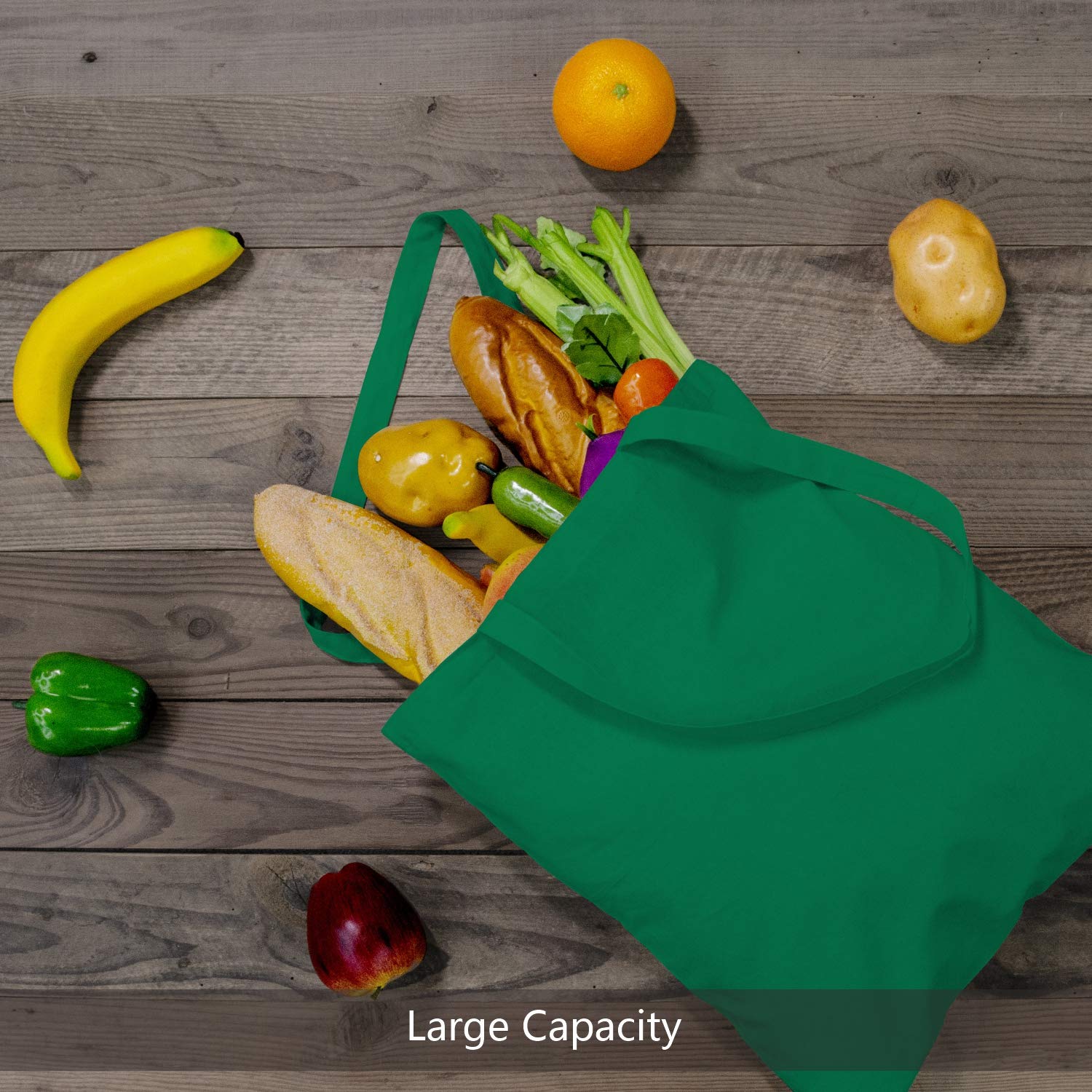 Topdesign 12-Pack Economical 16''X15'' Kelly Green Cotton Tote Bag, Lightweight Medium Reusable Grocery Shopping Cloth Bags, Sui