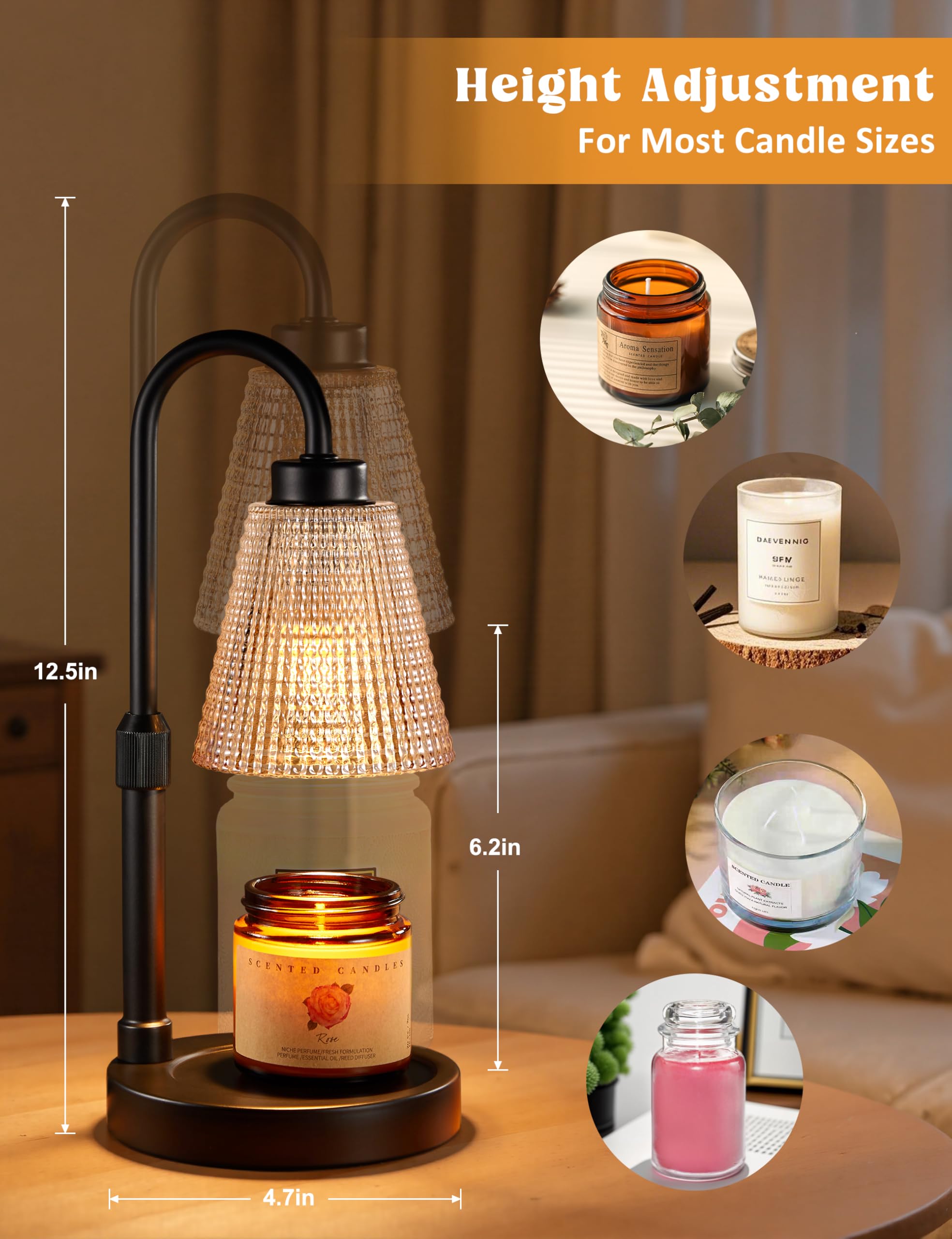 Innqoo Amber Candle Warmer Lamp with Timer, Dimmable Candle Warmer for Jar Candles, Height Adjustable Wax Melts Warmer, Birthday