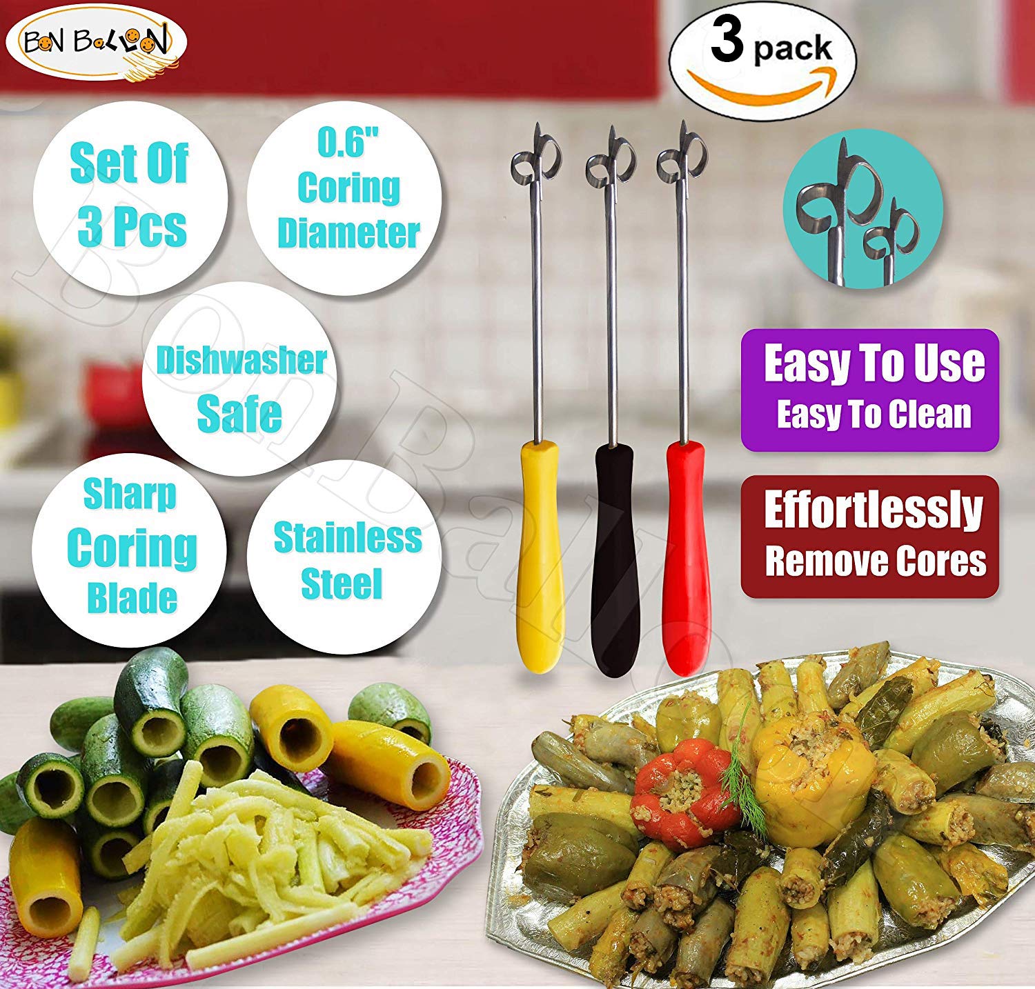 Bonballoon 3Pcs Random Color Stainless Steel Vegetable Corer, 10'' Long, Non-Slip Ergonomic Handle