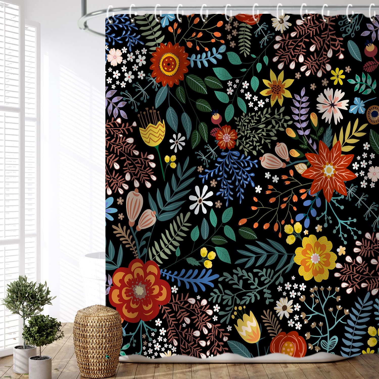 Livilan Black Floral Shower Curtain For Bathroom Flower Shower Curtain Dark Shower Curtain Colorful Unique Boho Shower Curtain S