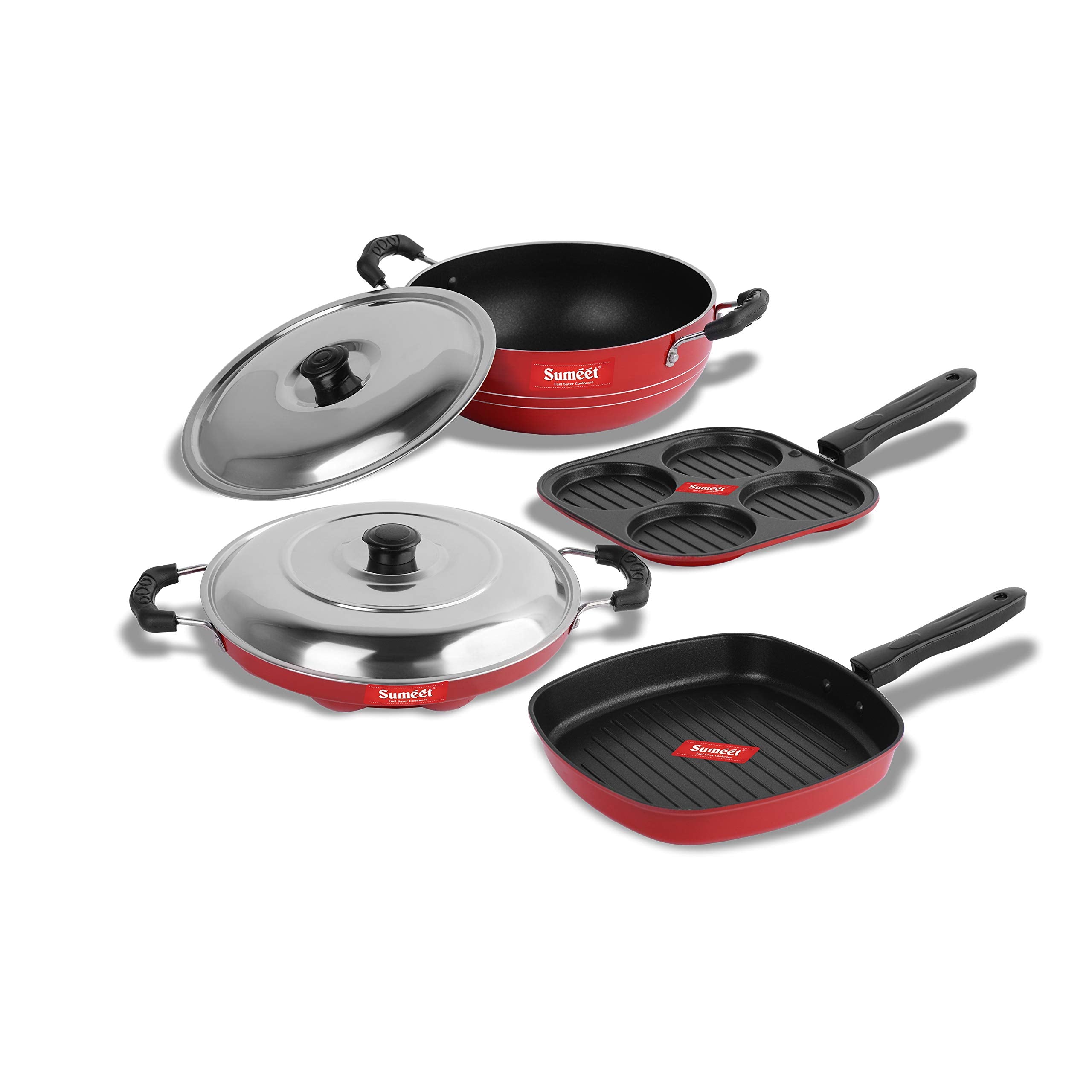 Sumeet 2.6Mm Thick NonStick Hiri Cookware Set (Mini Multi Snack Maker  19.5Cm + Kadhai With Lid  220Cm Dia + Grill Appam Patr