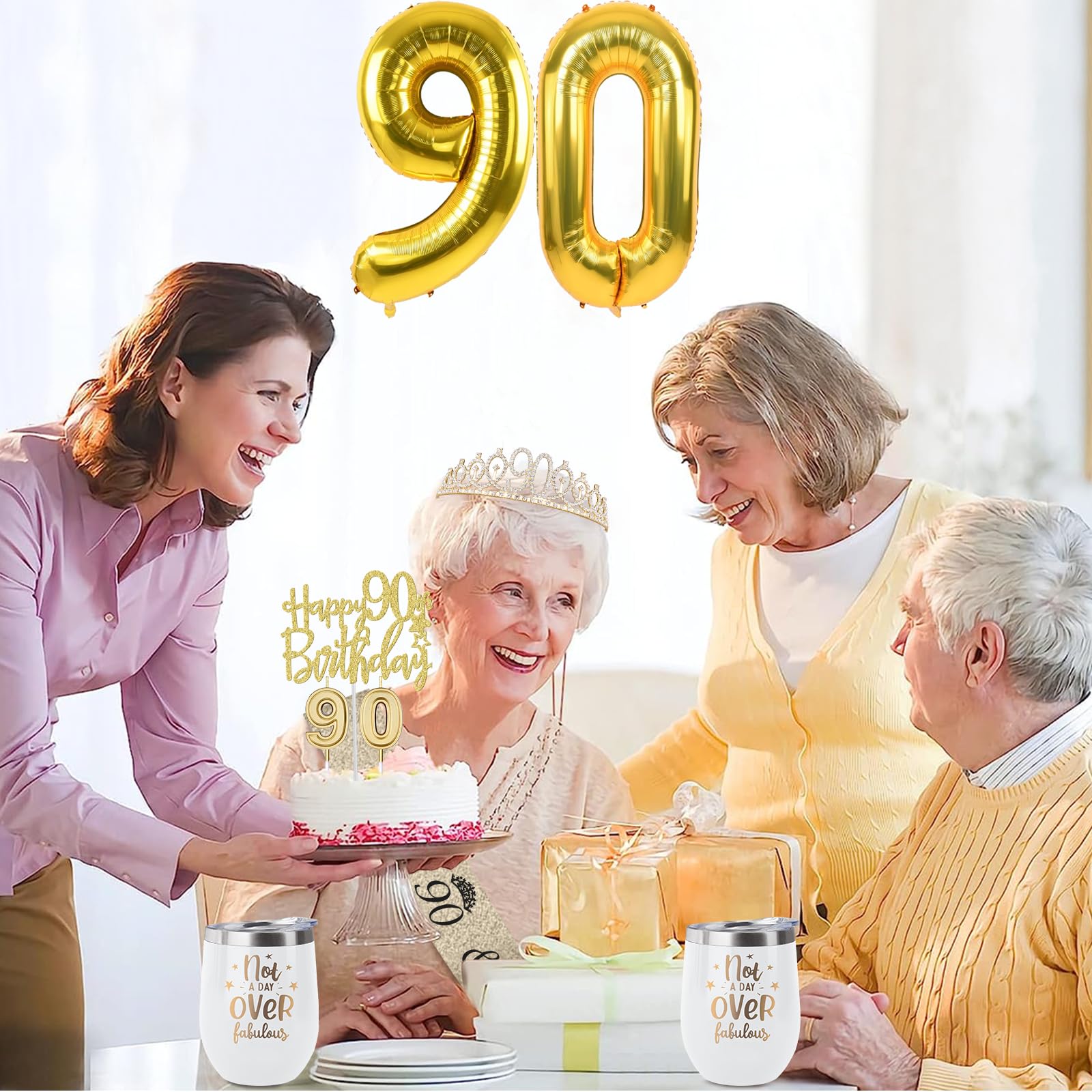 90Th Birthday Decorations For Women Gold With 90Th Birthday Sash And Tiara, 90Th Birthday Cake Topper And 90 Candles, Big 90 Bir