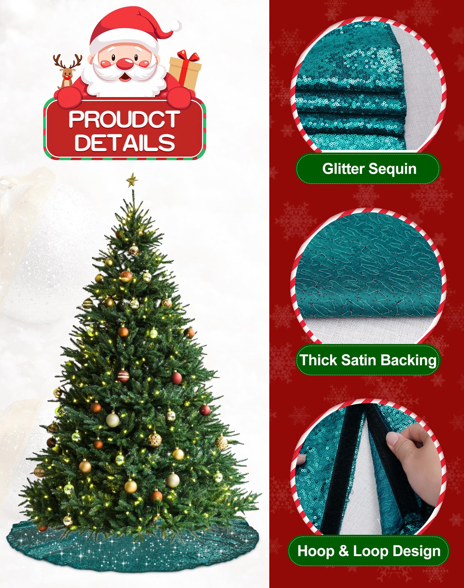 SquarePie Christmas Sequin Tree Skirt Glitter Halloween Decoration 24 Inch Teal Thick Satin Backing