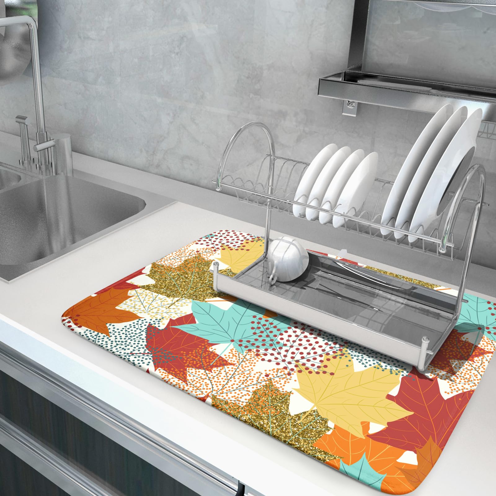 Maple Leaves Fall Drying Mat For Kitchen Counter 18X24 Inch Thanksgiving Dish Drying Mat Microfiber Autumn Drying Mat Drainer Ra