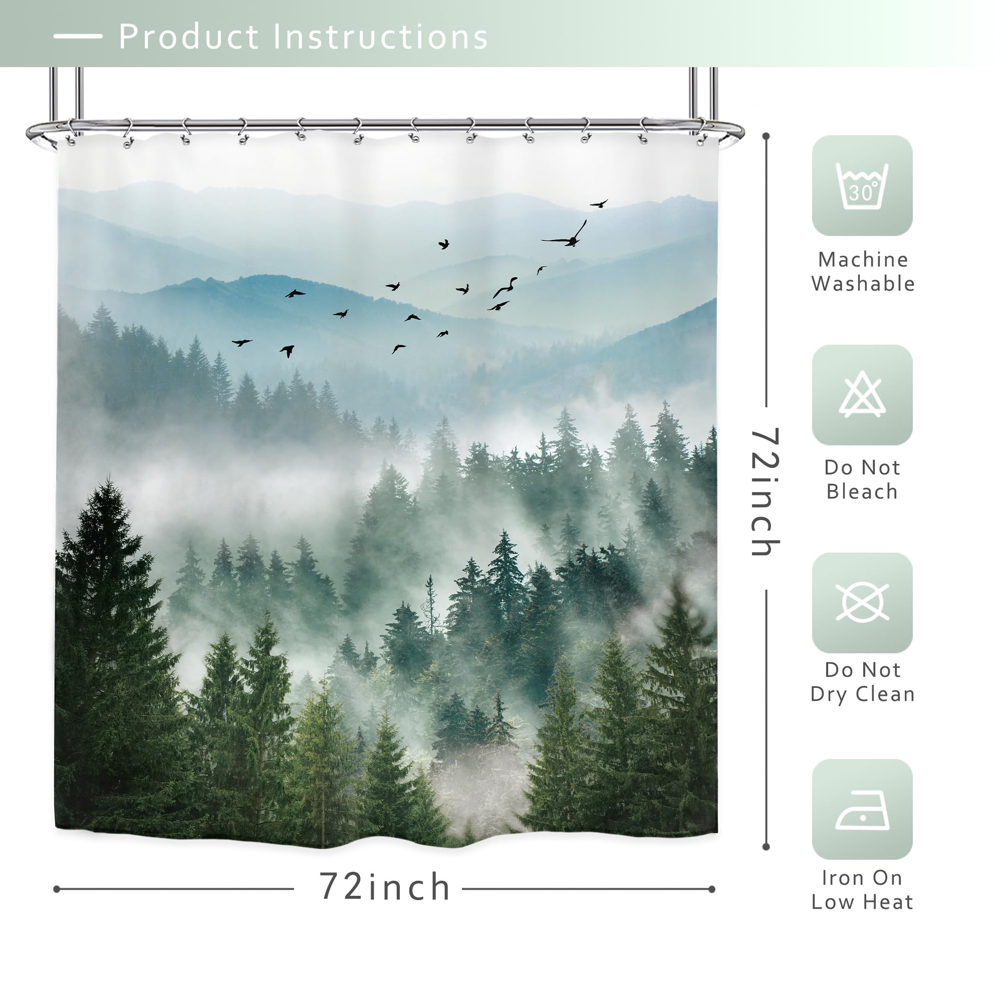 Riyidecor Green Mountain Shower Curtain 72Wx72H Inch Nature Scenery Foggy Pine Tree Scenic Woodland Greenery Landscape Mens Bath