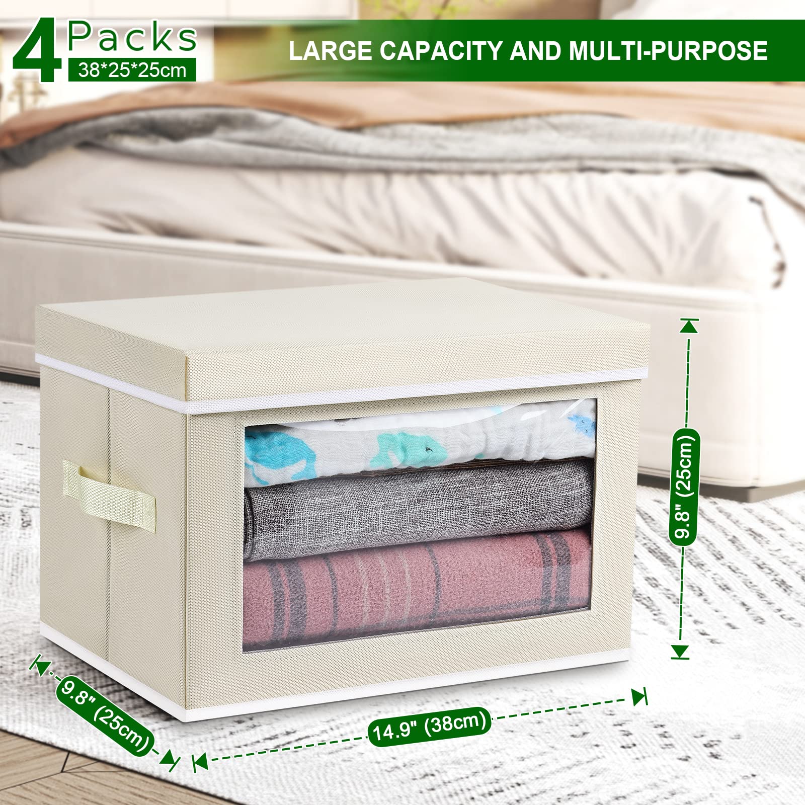 homsorout Fabric Storage Bins with Lids  4 Pack Storage Bins for Shelves  Closet Storage Baksets with Handles  Collapsible Storage Cubes with Window  Decorative Storage Boxes for Toys  Clothes  Beige