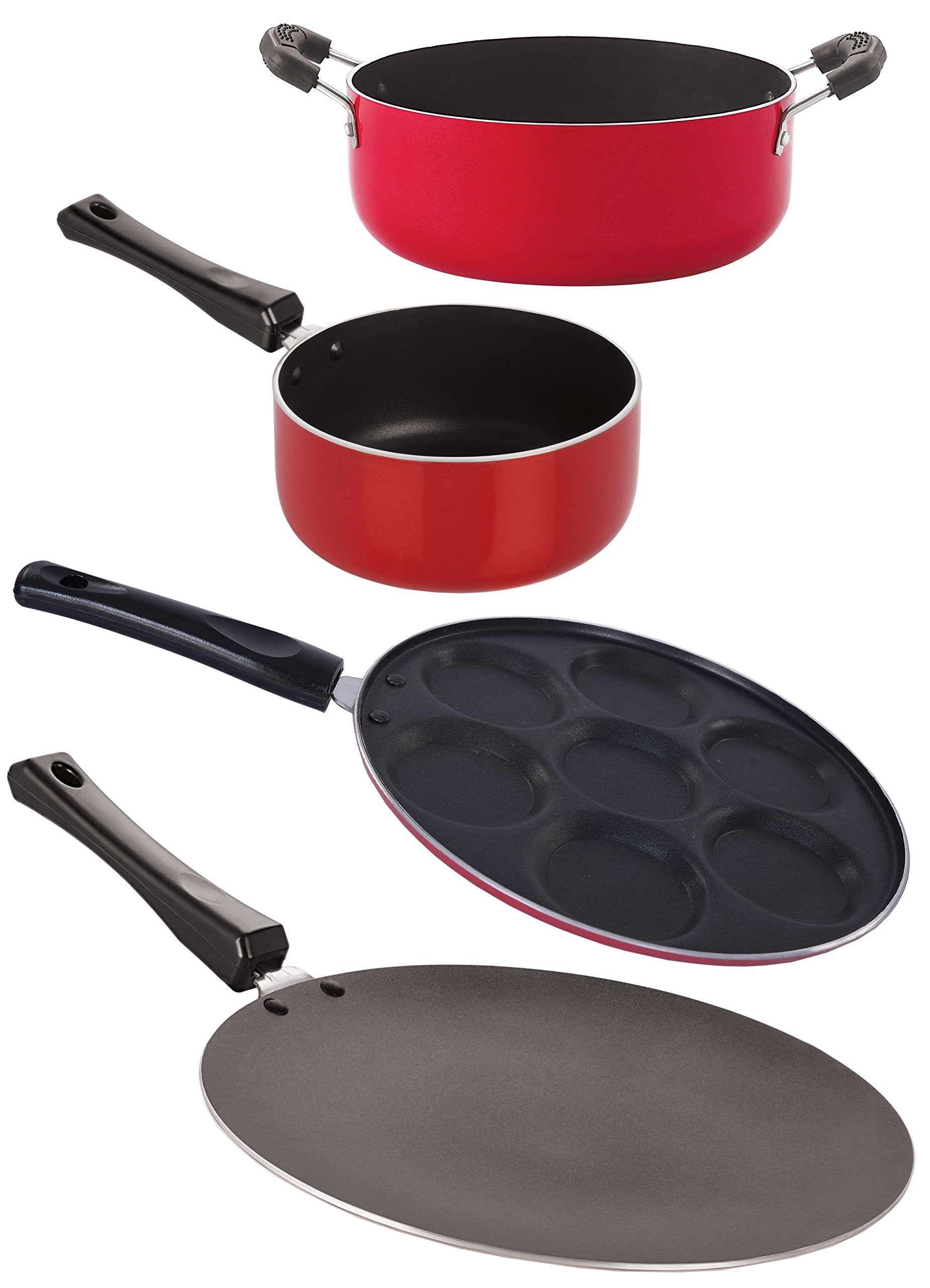 Nirlon NonStick Aluminum Cookware Set, 4Piece, Red And Black (2.6Mm_Ct_Spm_Up_Cass20)