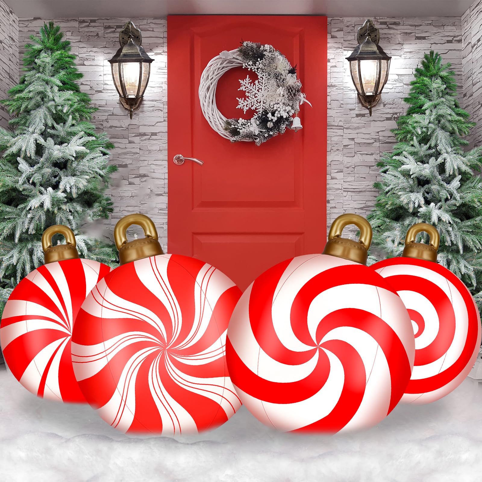 Jetec 4 Pcs 32 Inch Giant Inflatable Christmas Ball Large Xmas Inflatable Ornaments PVC Outdoor Holiday Blow Ball Outside Yard L