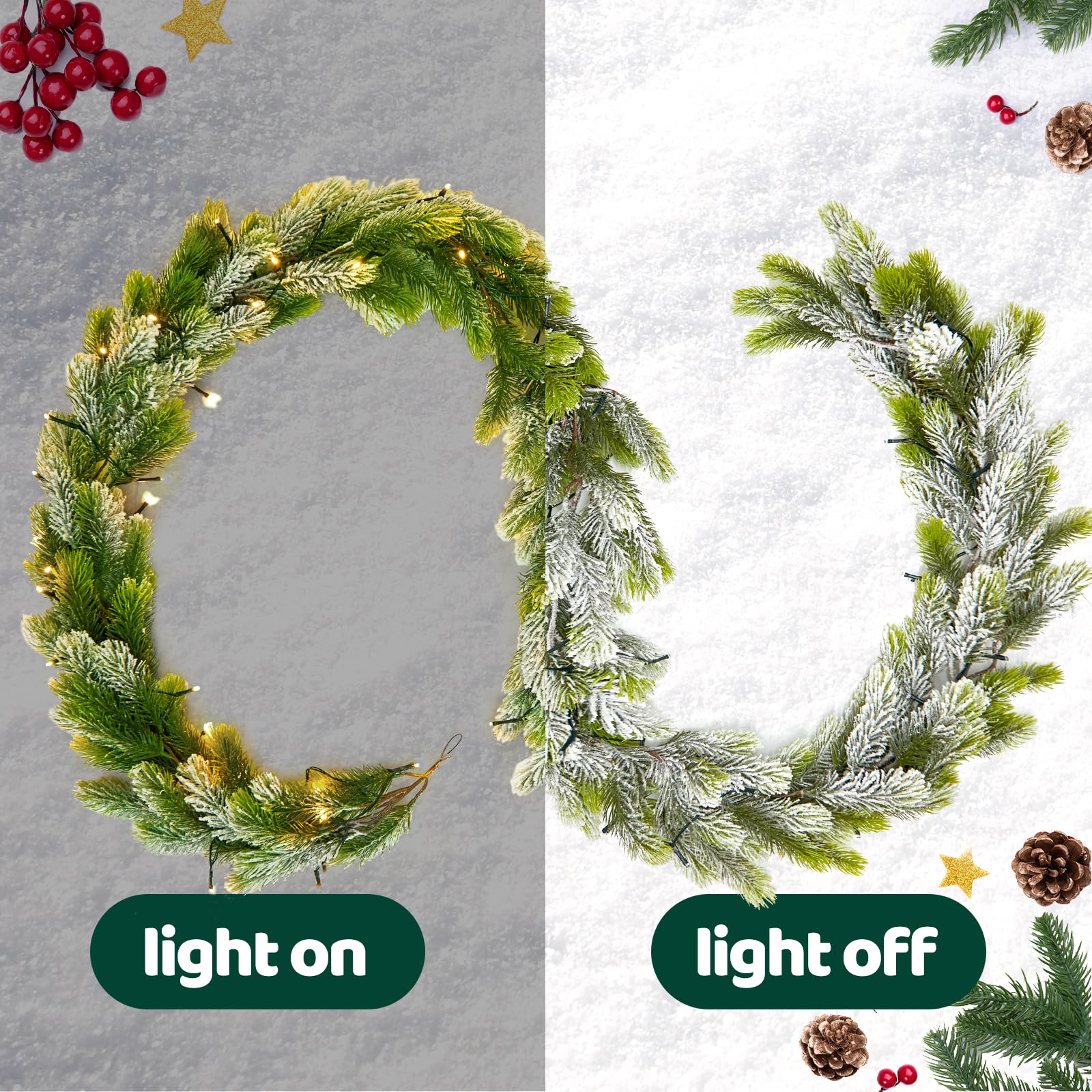 9FT Real Touch Norfolk Snow Pine Christmas Garland with Light Winter Artificial Faux Greenery Garland Table Mantle Stairs Firepl