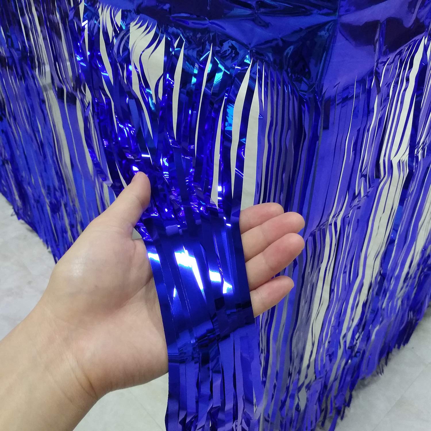 2 Packs Metallic Foil Fringe Table Skirt 29X108-Inch Roayl Blue Tinsel Table Skirts For Rectangle Tables