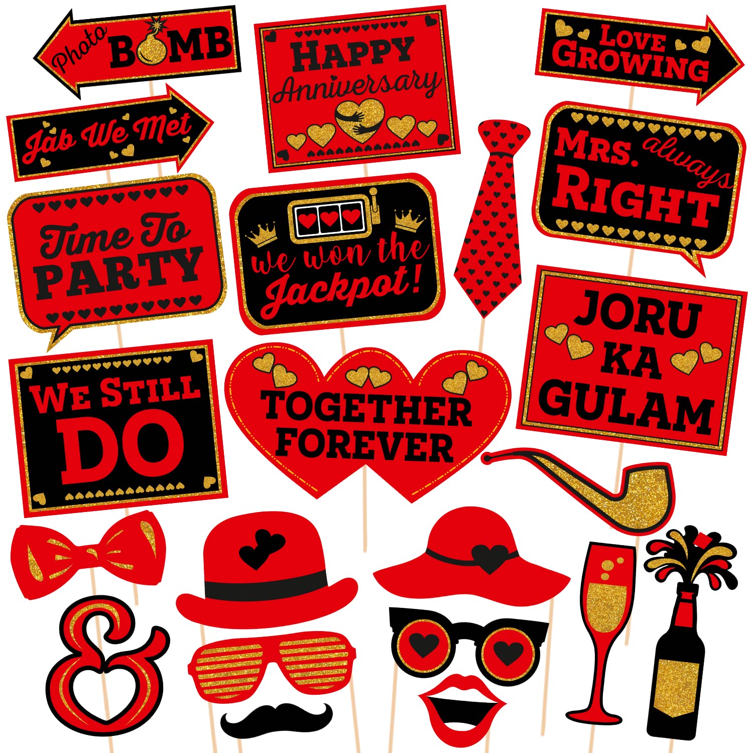 Zyozique 22 pcs Wedding Anniversary Photo Booth Party Props DIY Kit, Red & Black, Anniversary Party Decoration Photo Booth Board