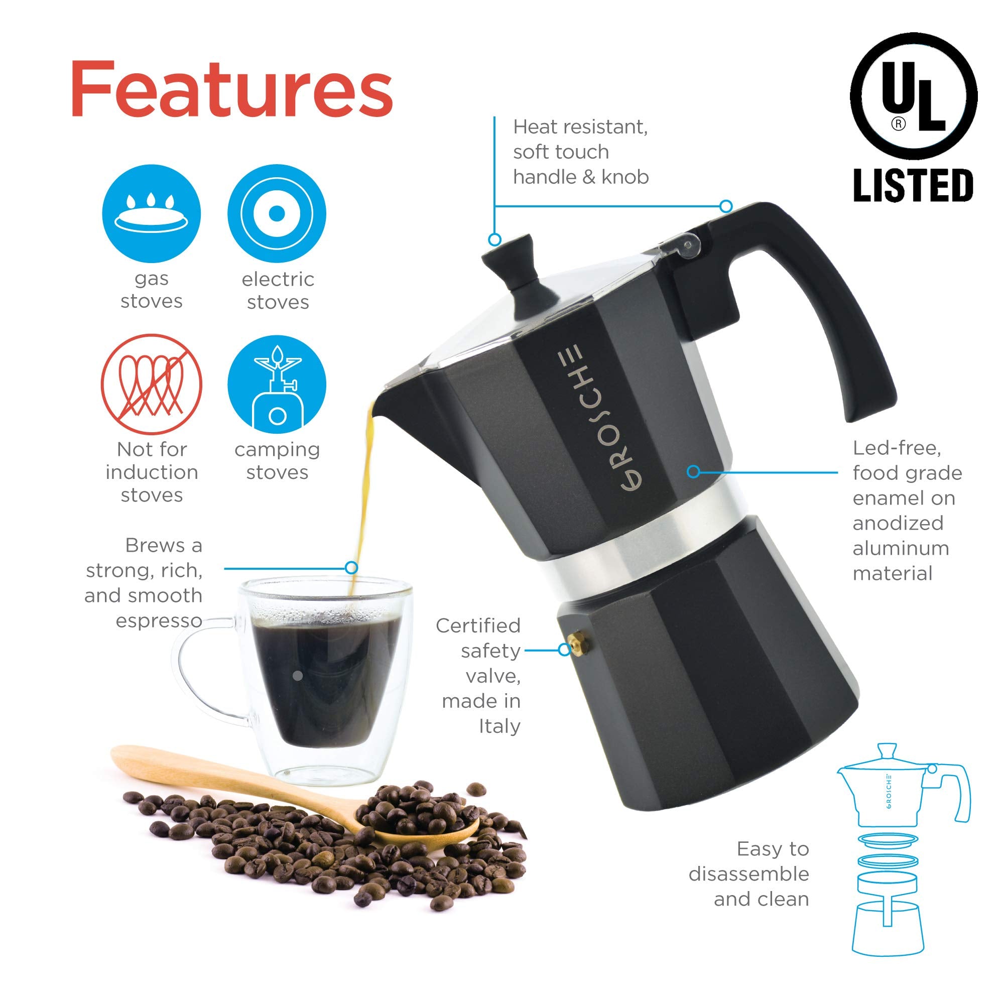 GROSCHE Milano Stovetop Espresso Maker Moka Pot 3 espresso Cup - 5 oz  Black - Cuban Coffee Maker Stove top coffee maker Moka Italian espresso greca coffee maker brewer percolator