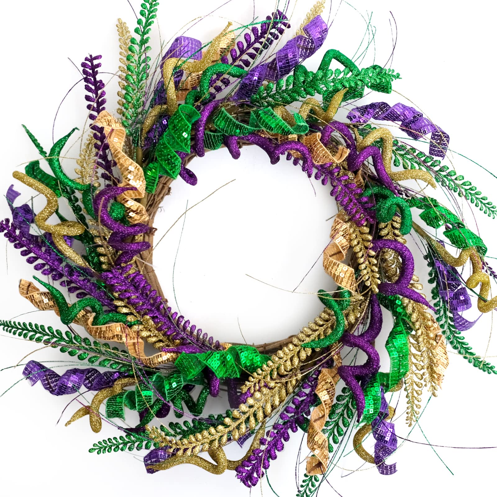 Bibelot Mardi Gras Purple and Green Glitter Wreath for Carnival Front Door and Party Decor, Mardi Gras Party Decoration Garland 
