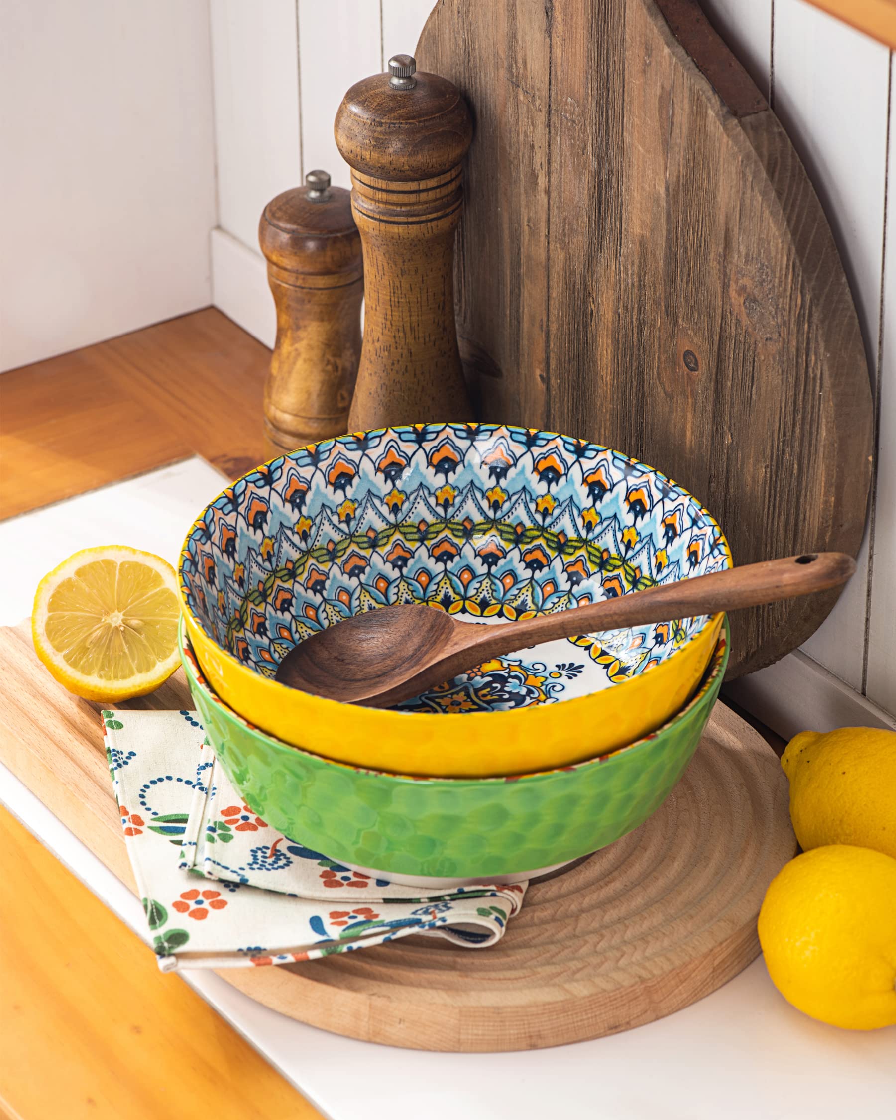 Henxfen Lead Large Salad Bowl Sets For Serving Pho, Ramen, Soup, Fruit, Snacks - 48 Oz Big Ceramic Bowls For Family, Kitchen Coo