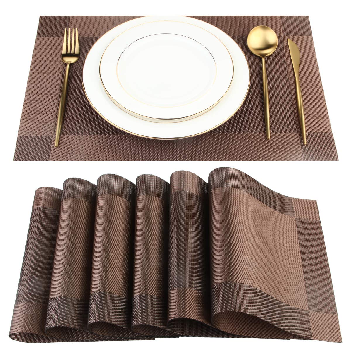 Dachui Placemats Set Of 6, Stylish Woven Place Mats For Dining Table, Washable & Durable Pvc Table Mats (Black Brown)