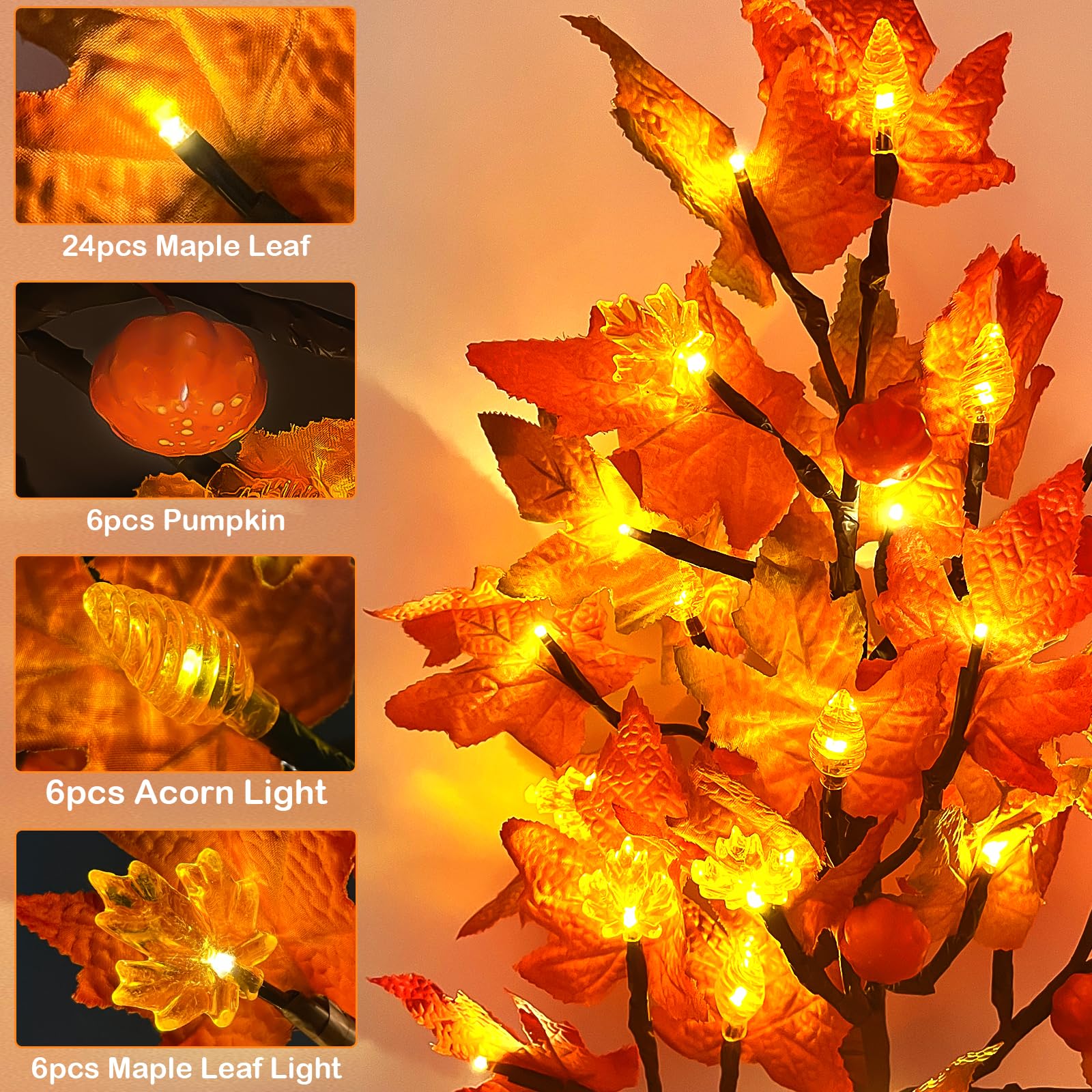 2 Pack 24 Inch Prelit Fall Maple Tree Decorations with 48 LEDs Timer Fall Battery Operated Light Up Artificial Pumpkin Acorn Lig