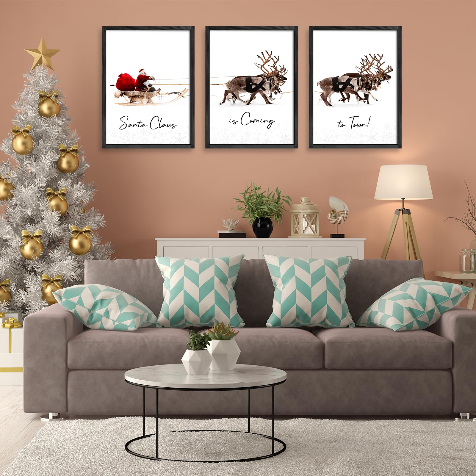 Litivy Christmas Wall Art Prints - Set Of 3 Santa Claus With Sleigh Deer For Home Decor - Xmas Sign - 12X16In - Black