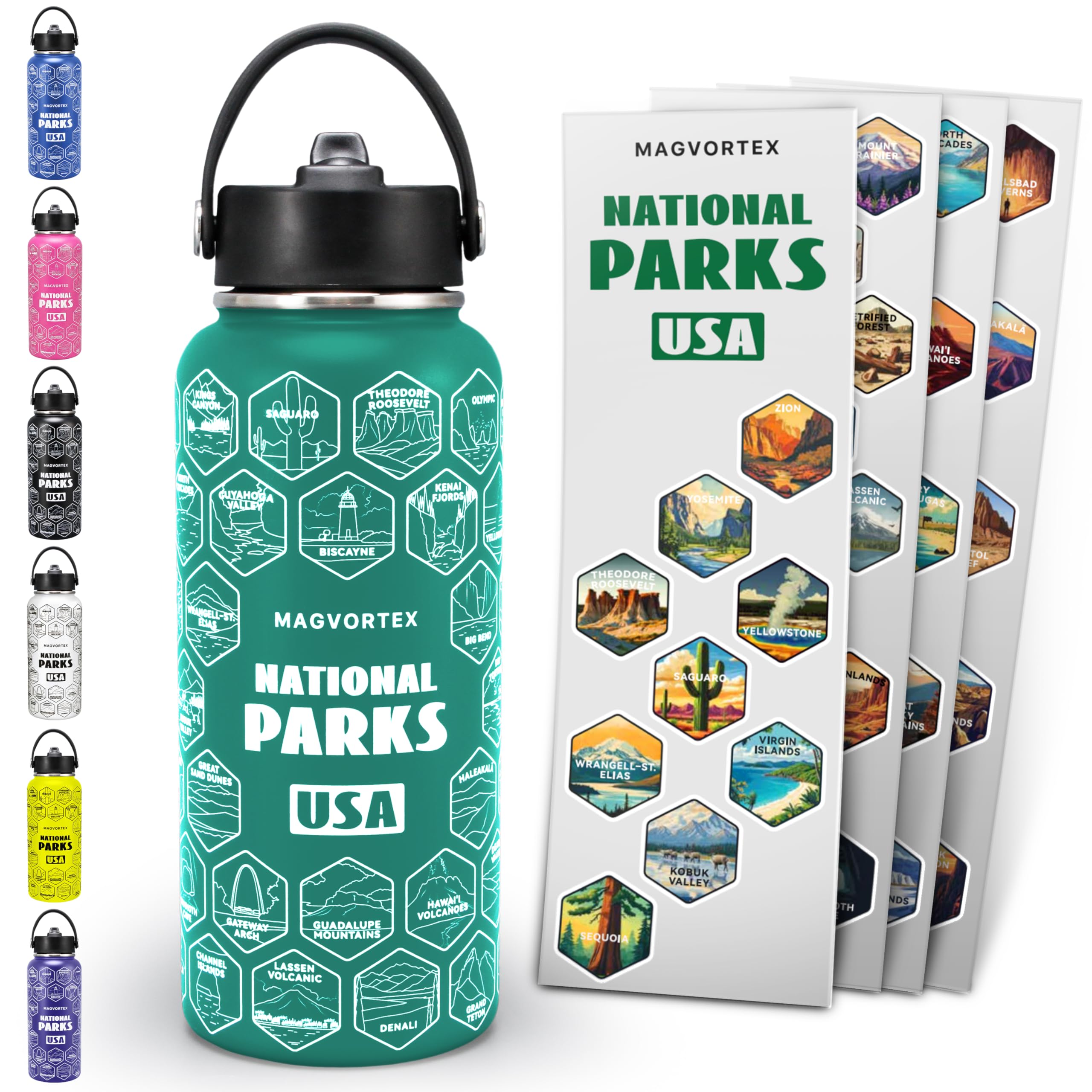 National Parks Green Water Bottle with Durable Stickers  32oz Insulated Stainless Steel Water Bottle with Spout Lid  Insulated