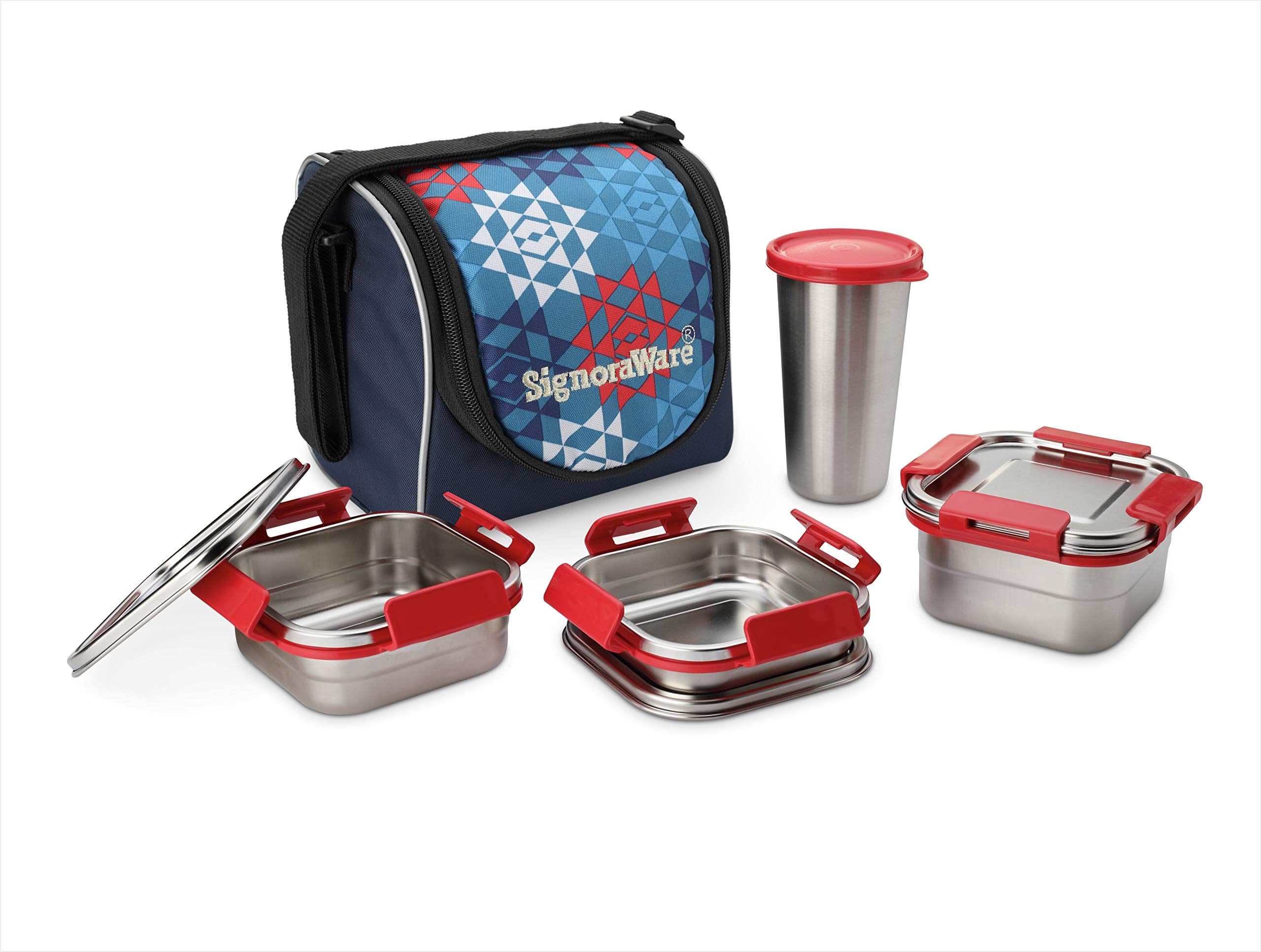Signoraware Best Squarex Stainless Steel Lunch Box With 100% Steel Lids And Blue Printed Bag, 225Ml+350Ml+500Ml+ (370Ml Tumbler)