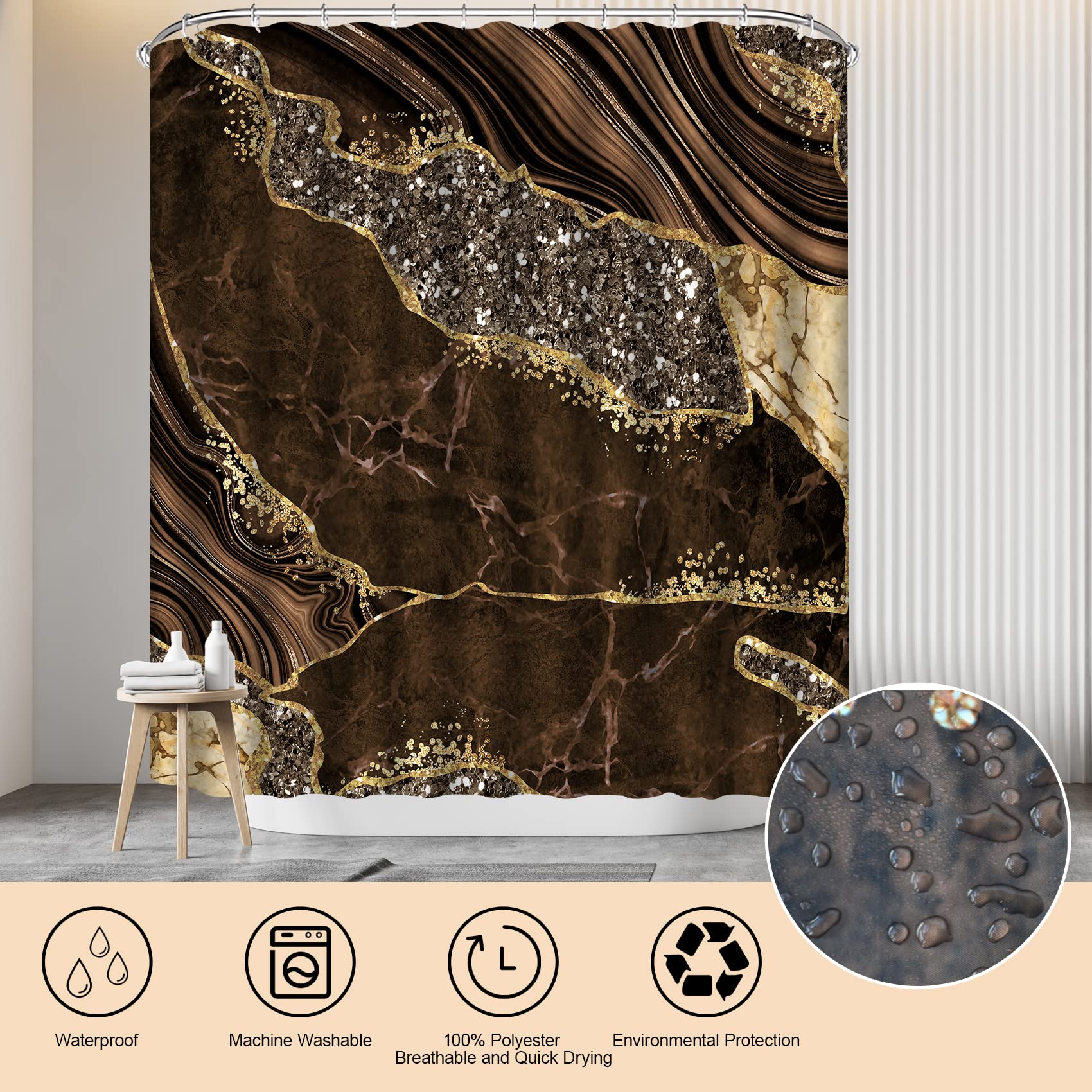 Emhome 4Pcs Marble Shower Curtain Sets, Modern Bathroom Sets With Shower Curtains, Toilet Lid Rug, Contour Mat And Bath Mat, Bat