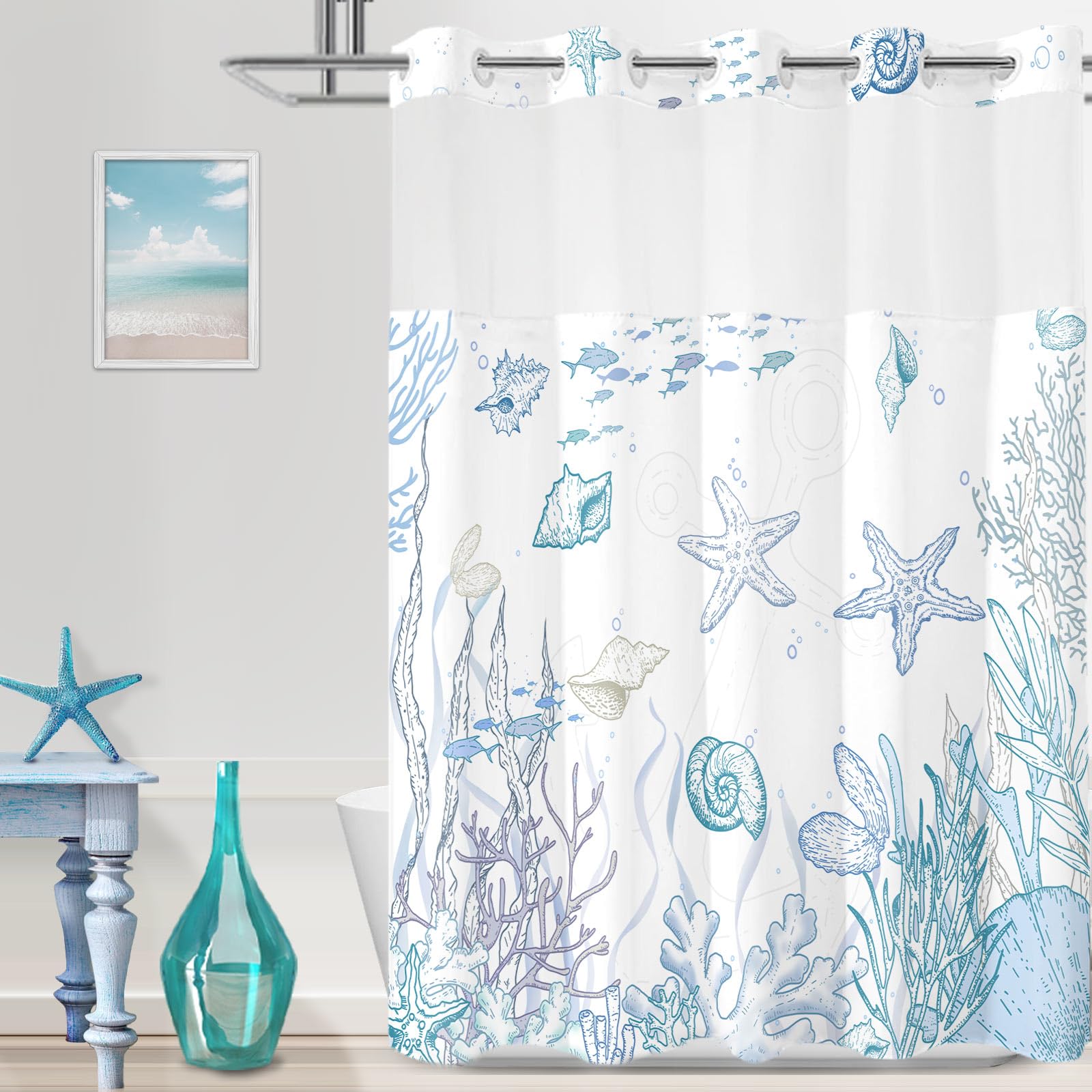 Extra Long No Hook Nautical Coastal Shower Curtain With Snap In Liner Set, Ocean Summer Beach Seashell Design, Hotel Quality Bat
