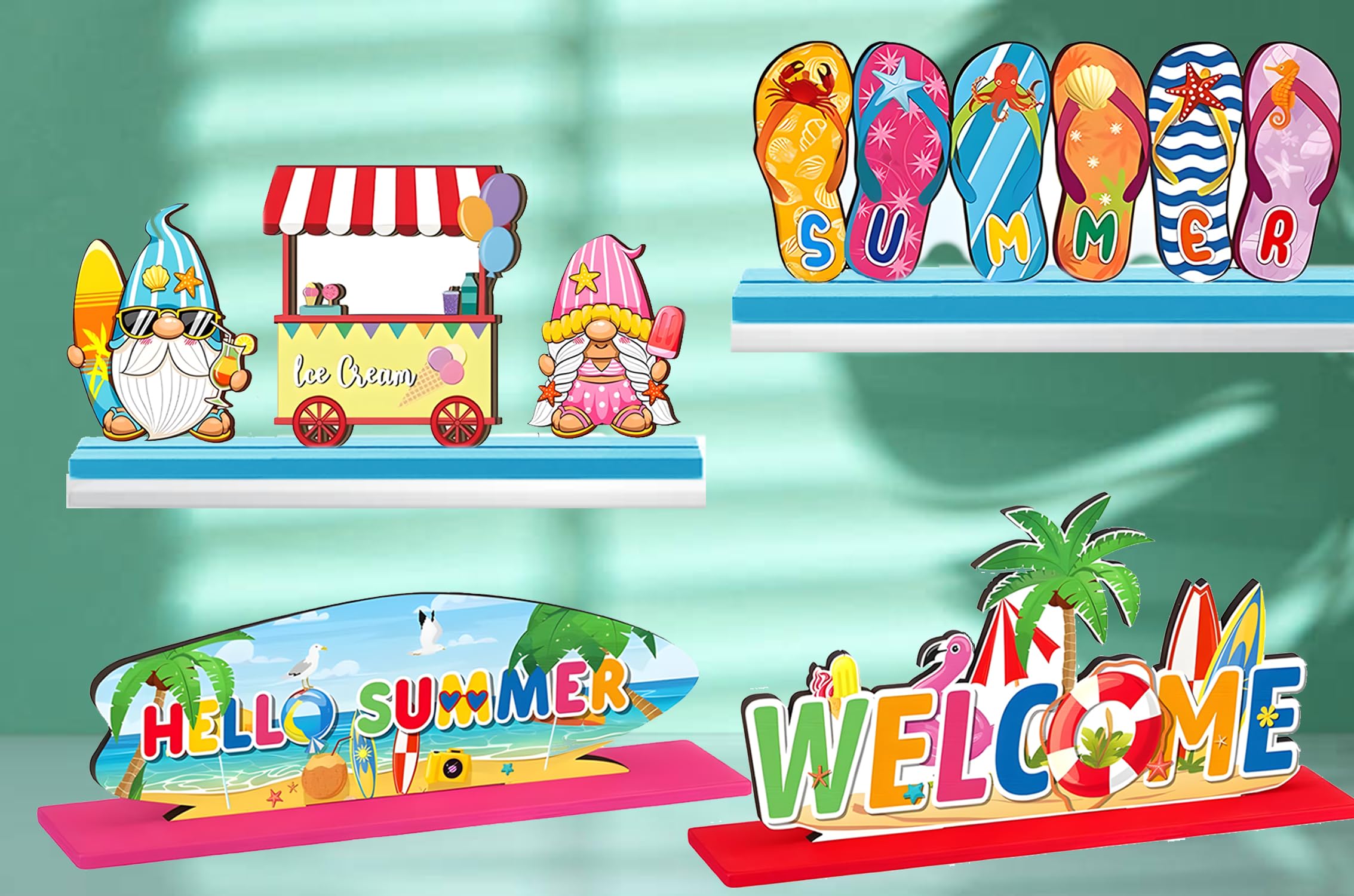 Summer Table Sign Decorations Centerpieces 4 Pcs Wood Desktop Decor for Kitchen Home Party Supplies