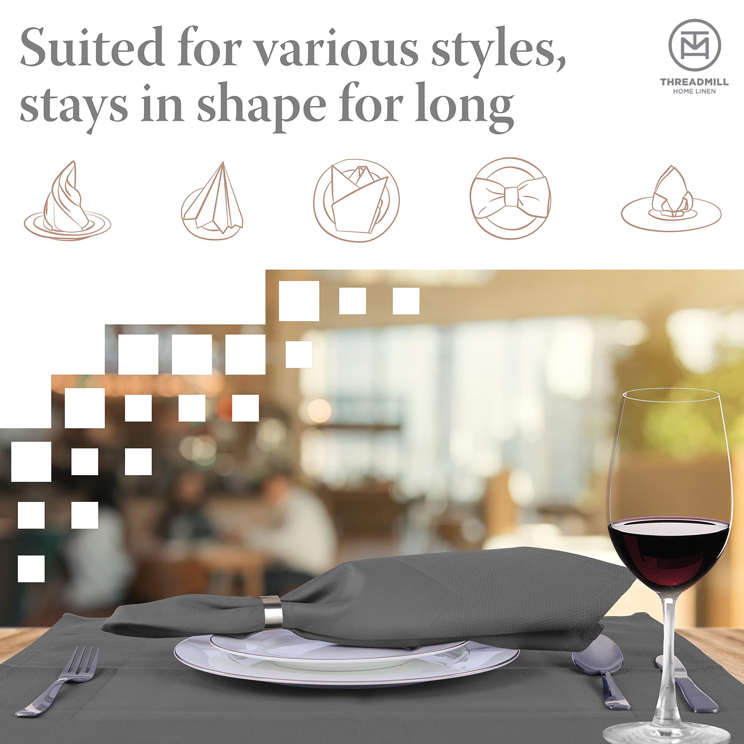 Threadmill Dark Grey Cloth Napkins Set Of 12 Cotton, Reusable 20 X 20 Inch Jacquard Napkins Cloth Washable, Dinner Napkins Perfe
