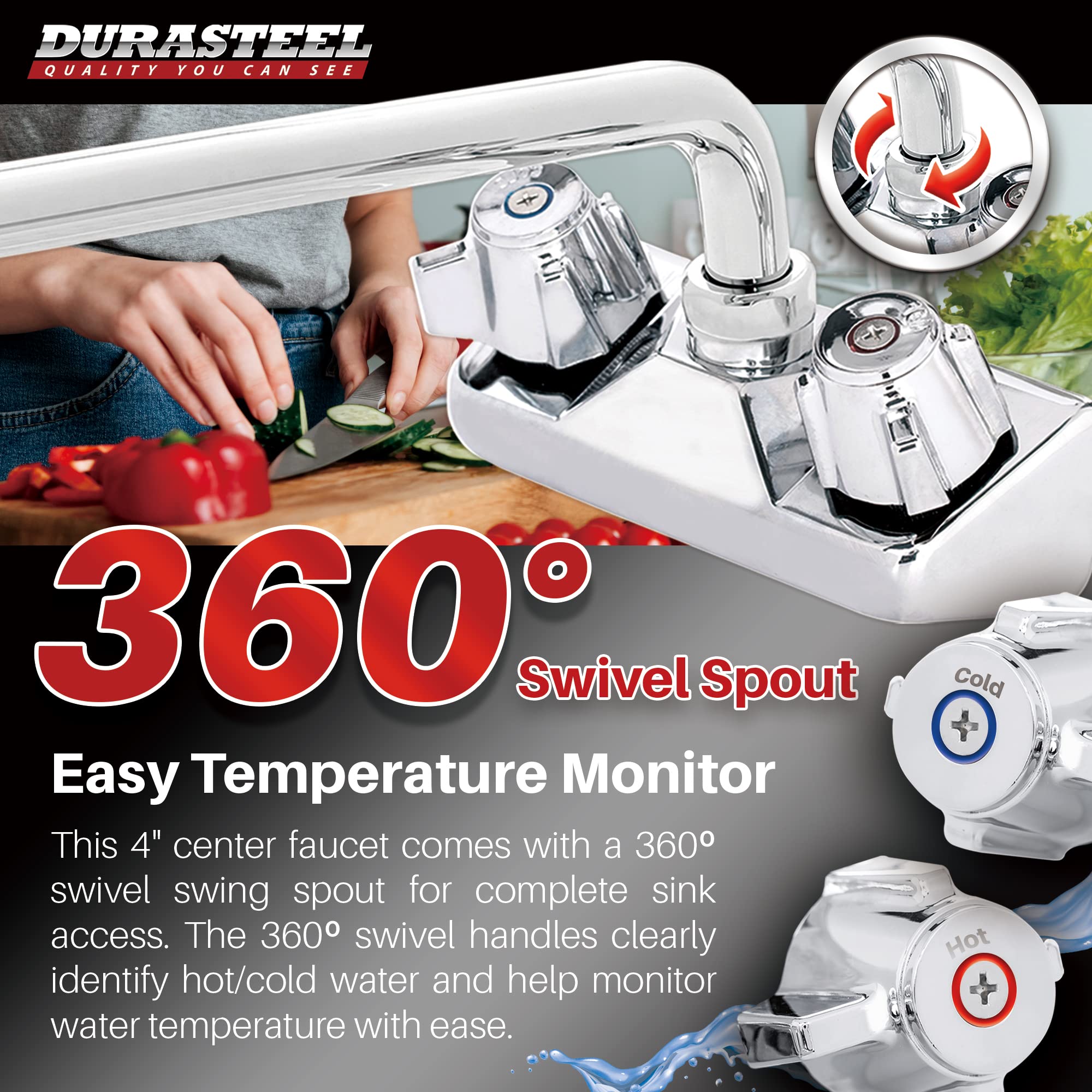 Durasteel 10 Inch Spout Faucet - 4 Inch Center Wall Mount Kitchen Bar Sink Faucet With Swing Spout - Cec Certified For Saving Wa