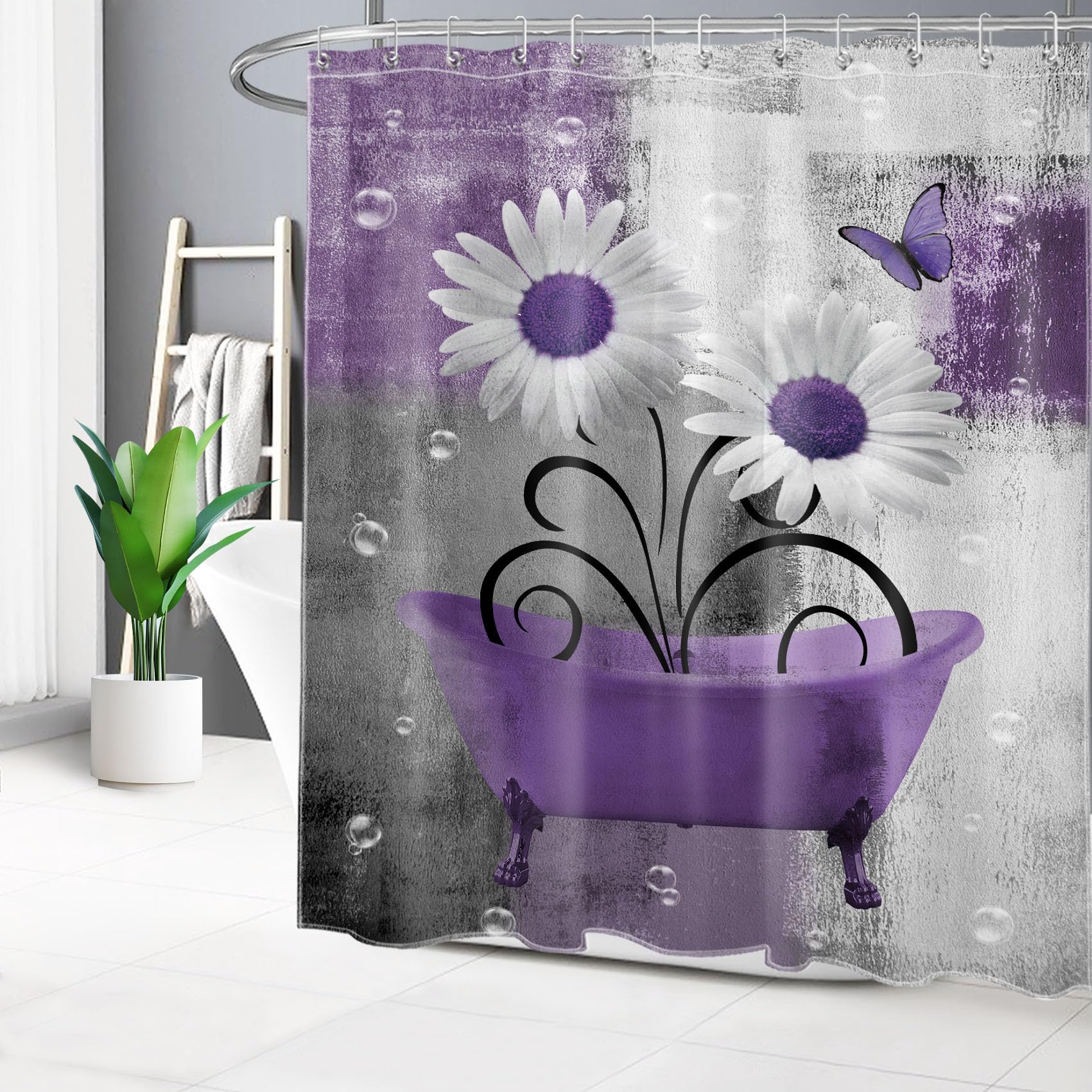 Meunear Purple Floral Shower Curtain Set Farmhouse Daisy Flower Butterfly In Bathtub Shower Curtain For Bathroom, Modern Abstrac