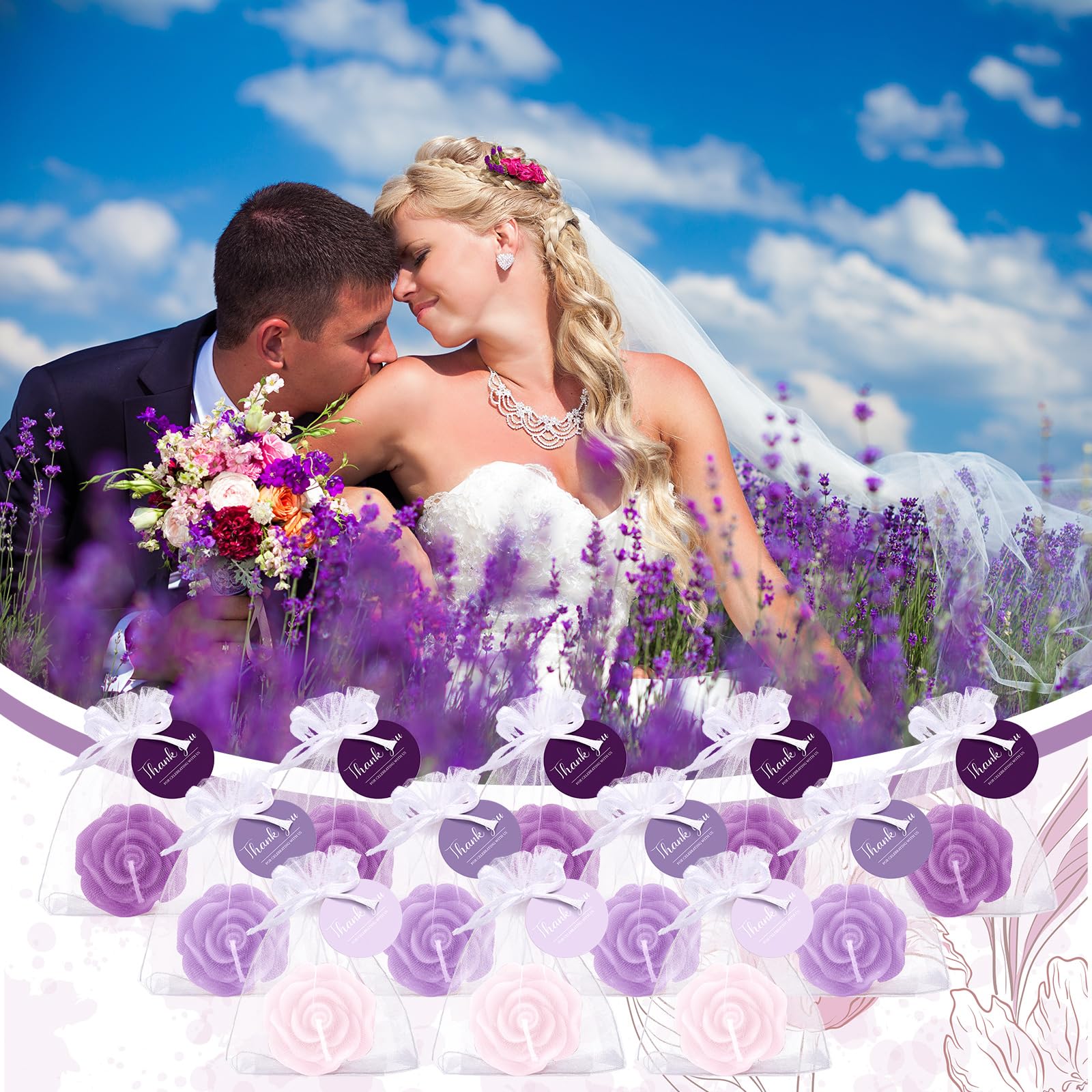 Treela 24 Set Flower Candles Wedding Favor for Guests Mini Purple Rose Shaped Tealight Candles for Return Gift Wedding Birthday