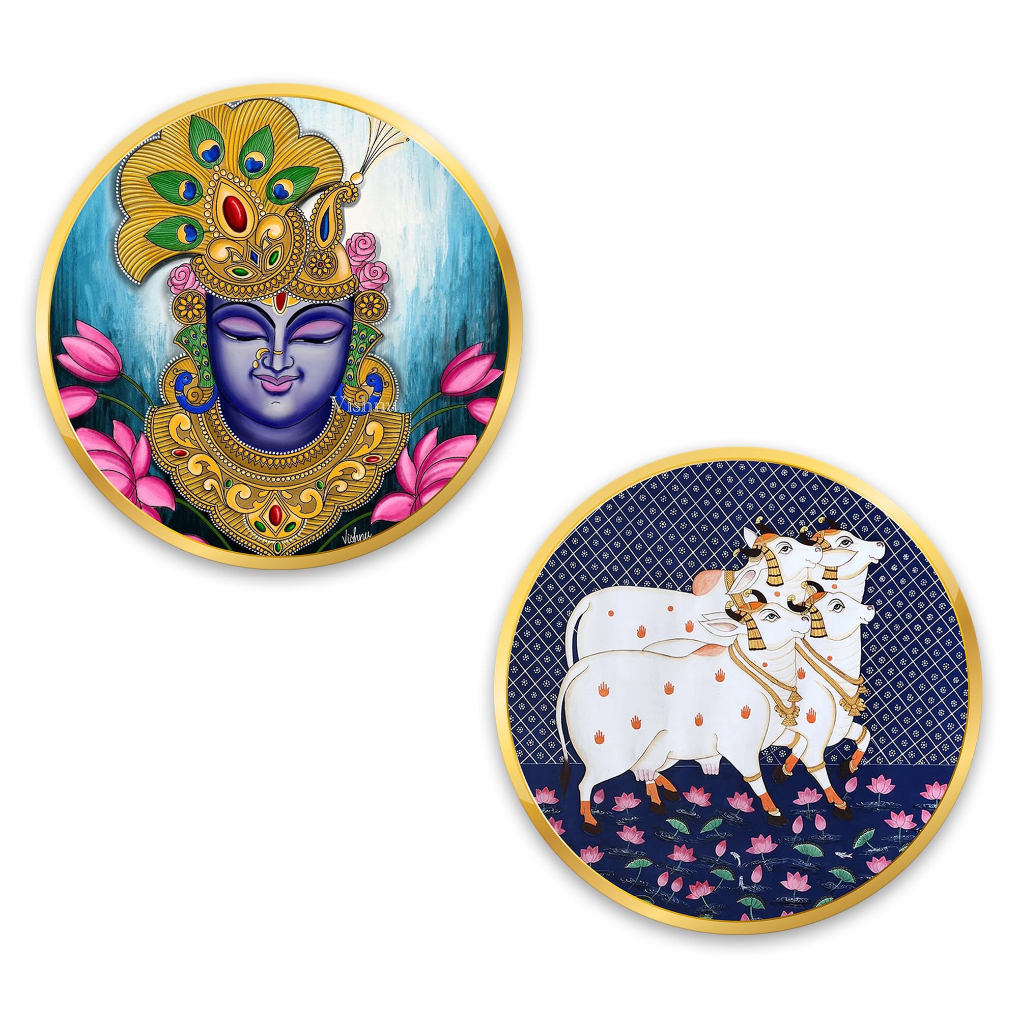 Artvibes Shrinath Ji & Cow Pichwai Art Round Shape Mdf Wooden Wall Decor Items | Living Room | Handcrafted Art | Wall Illustrati