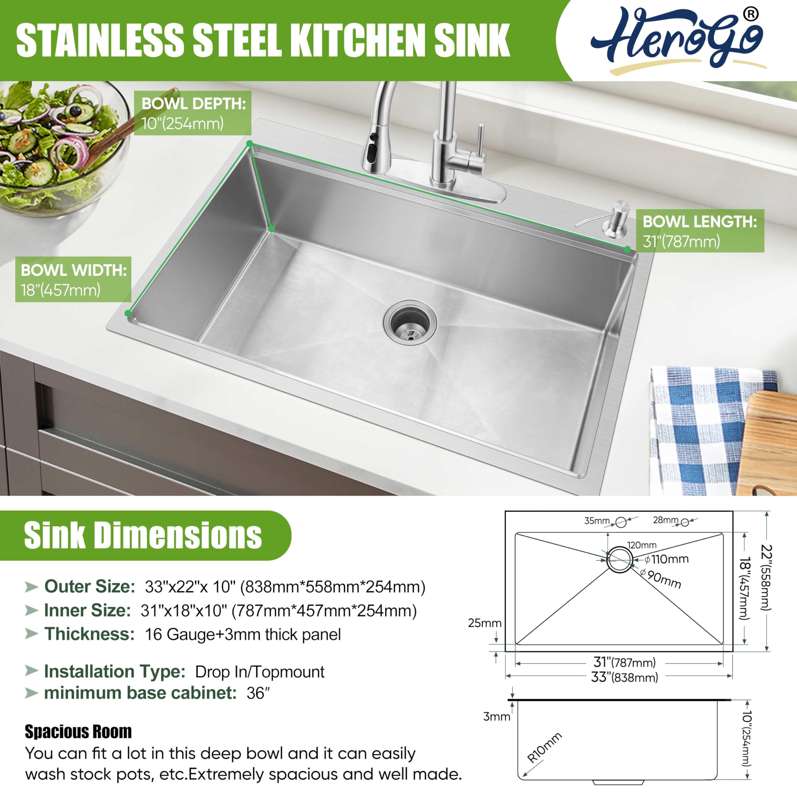 Herogo 33X22Inch Drop In Kitchen Sink With Kitchen Faucet, 18/10 Stainless Steel Single Bowl Kitchen Workstaion Sink, Topmount H