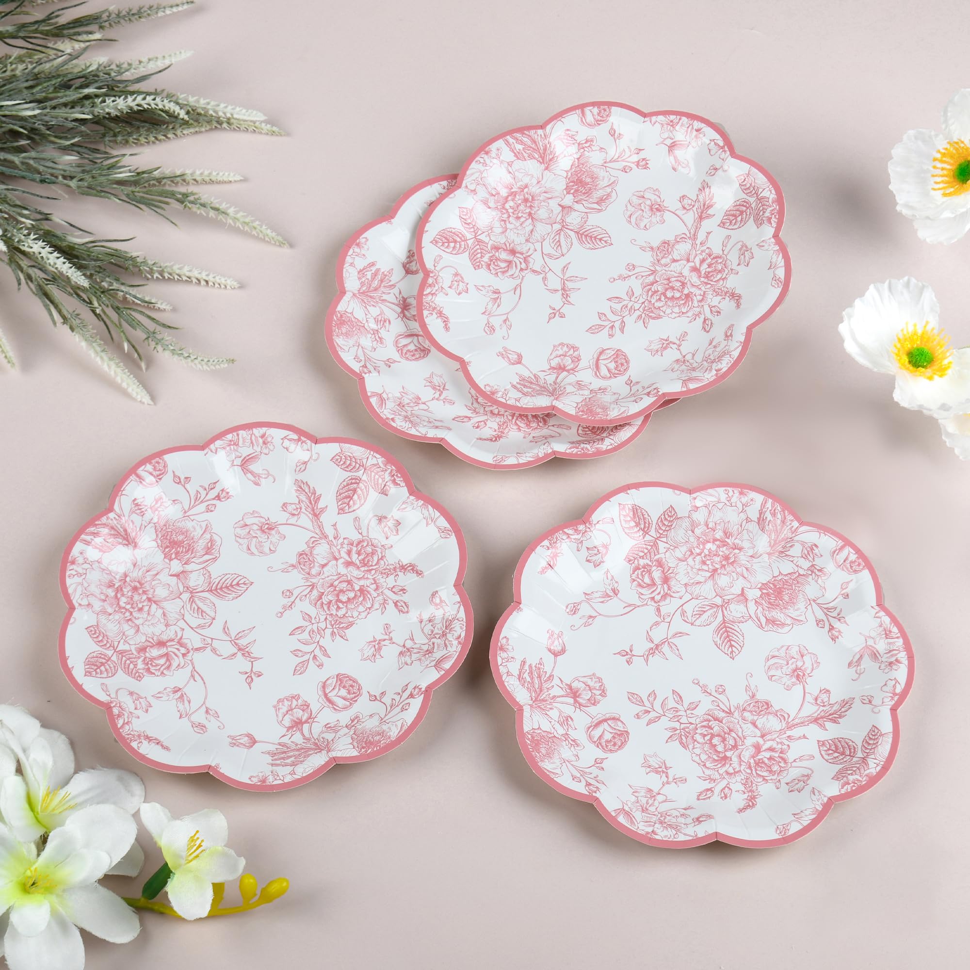Elyxio Pink Floral Party Plates Vintage Floral Leaf Disposable Paper Plates Wildflower Pink Toile 7'' Scalloped Rim Dessert Plat