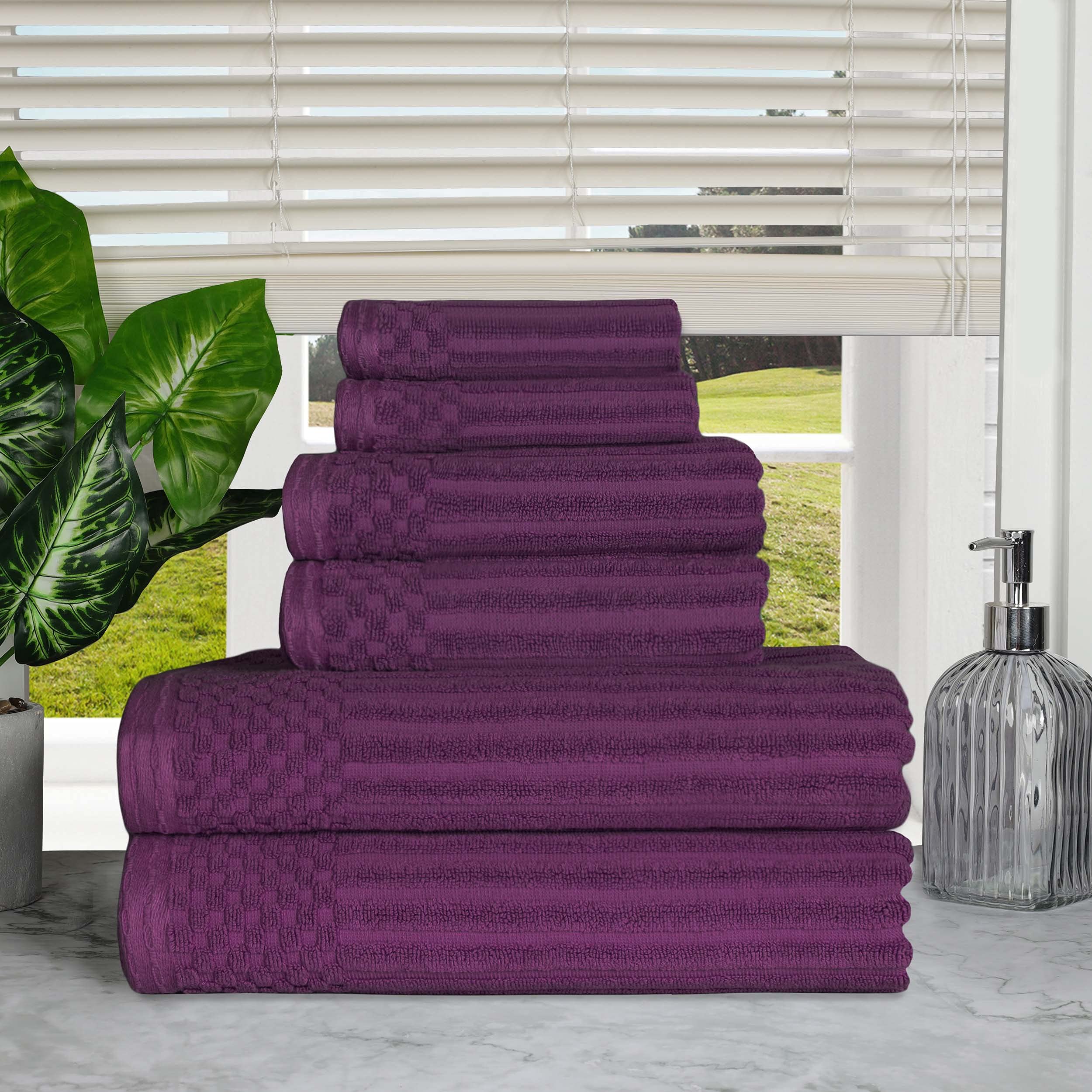 SUPERIOR Cotton 6-Piece Solid and Ribbed Towel Set  Face Towels 13  x 13   Hand Towels 16  x 28   Bath Towels 27  x 54   Plum