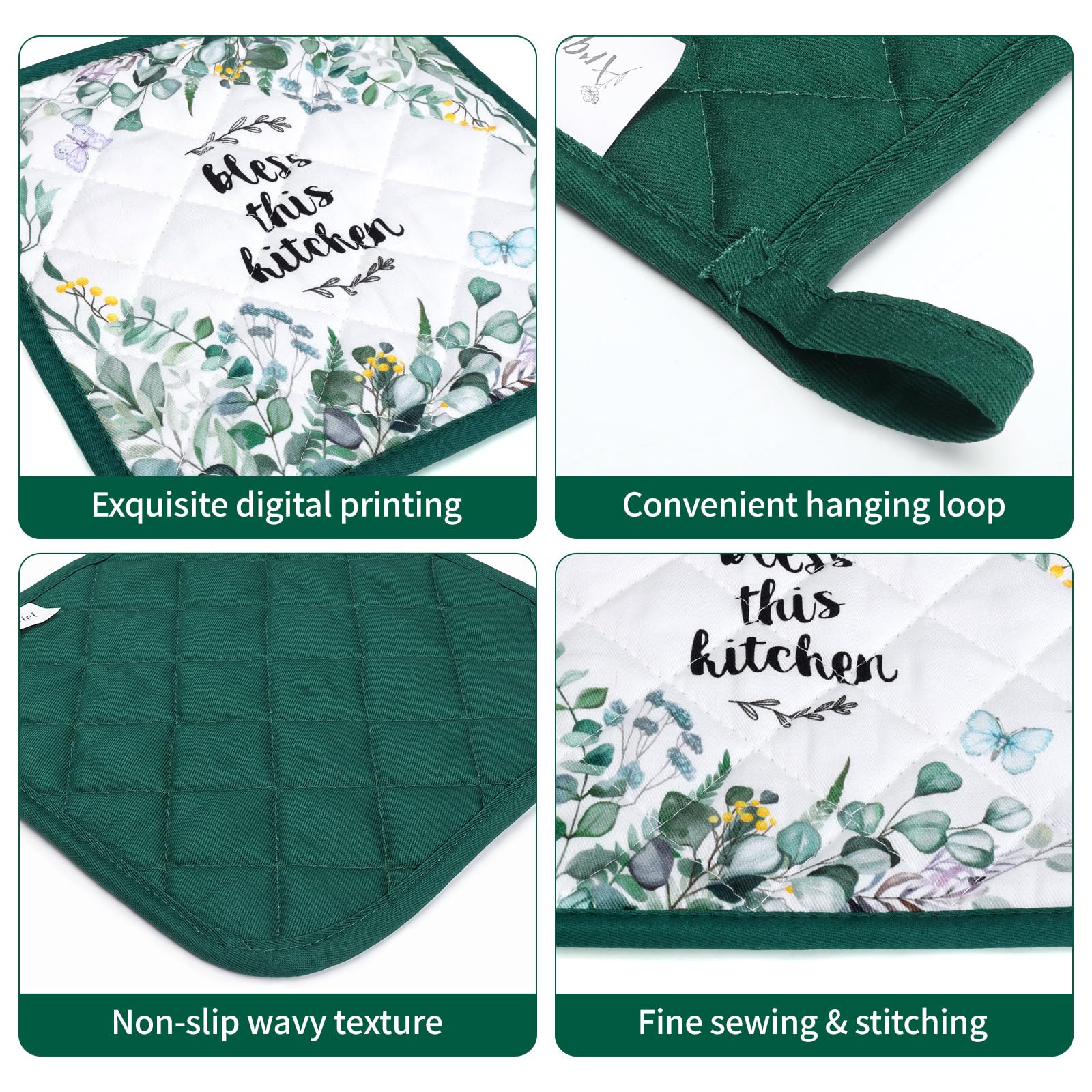 Arquiel Eucalyptus Leaf Oven Mitts And Pot Holders Sets 2Pcs, 100% Cotton Heat Resistant, Extra Long Oven Gloves Potholder For K