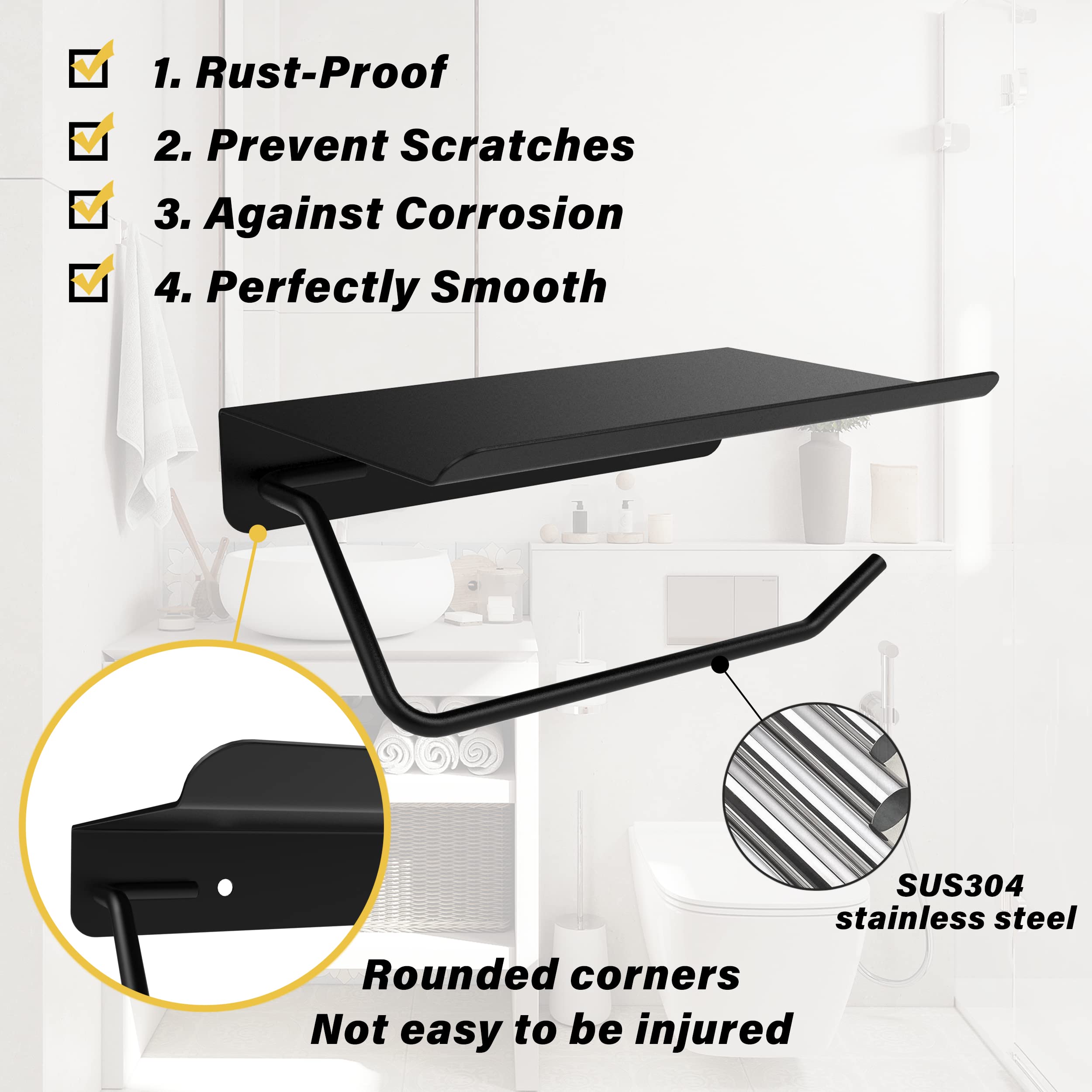 Toilet Paper Holder With Phone Shelf, Bathroom Accessories Tissue Roll Dispenser Storage Wall Mounted (Black)